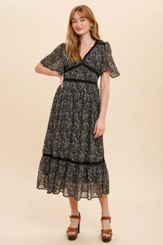Black Paisley Flutter Sleeve Midi Dress sold by Pinkblush
