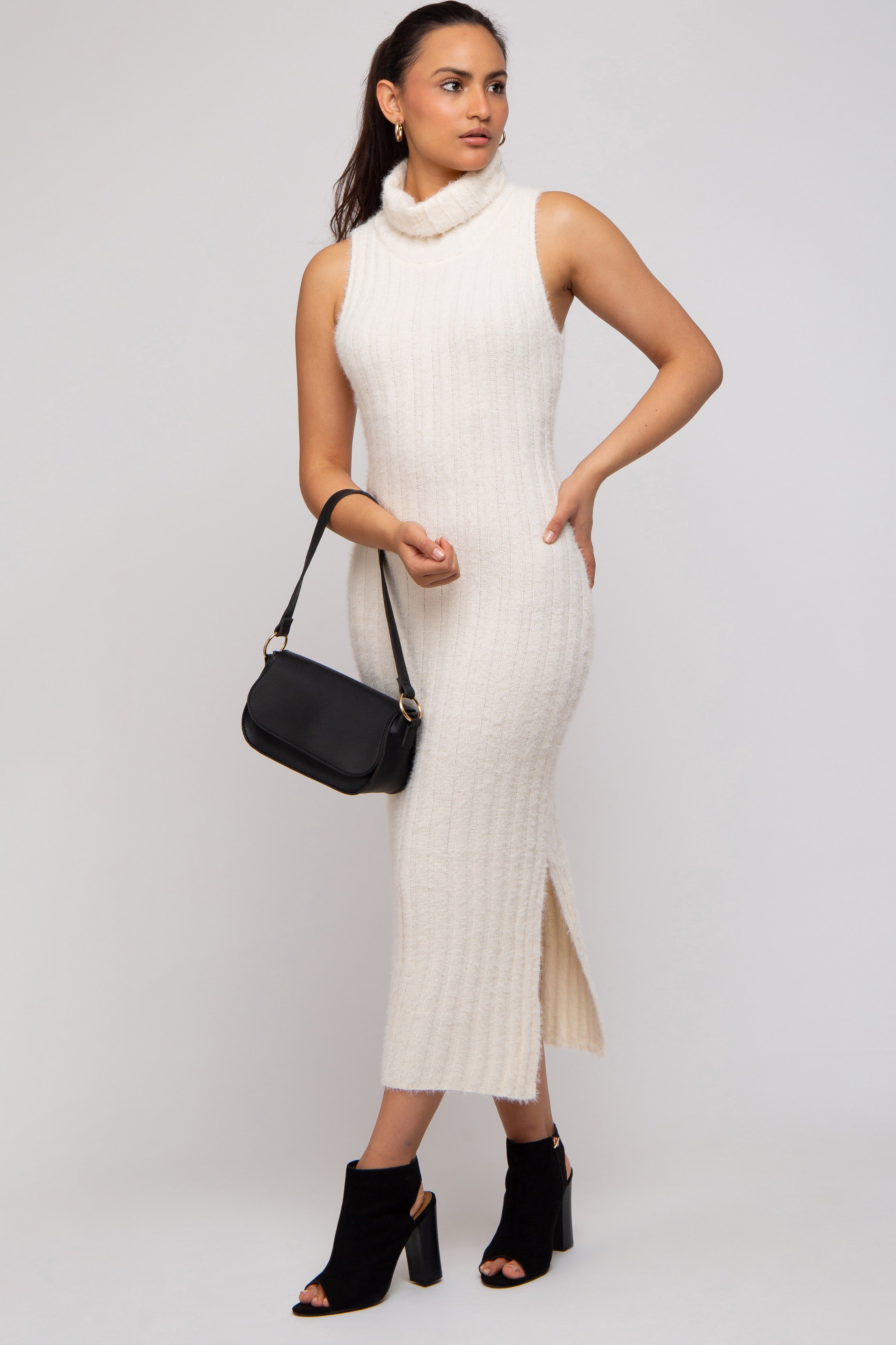 Cream Fuzzy Knit Sleeveless Turtle Neck Midi Dress sold by Pinkblush
