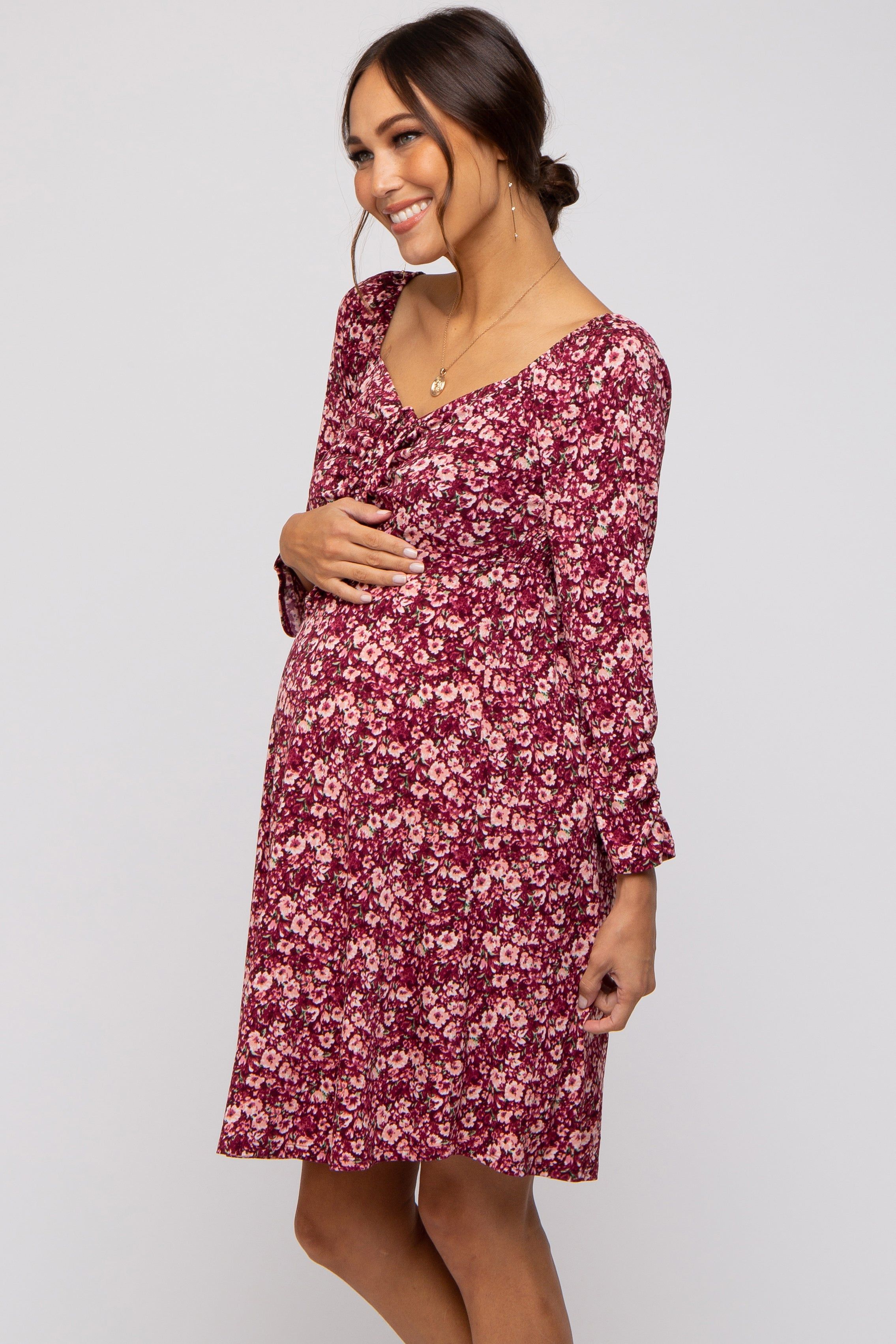 Burgundy Floral Ruched Long Sleeve Maternity Dress sold by Pinkblush product image thumbnail 2