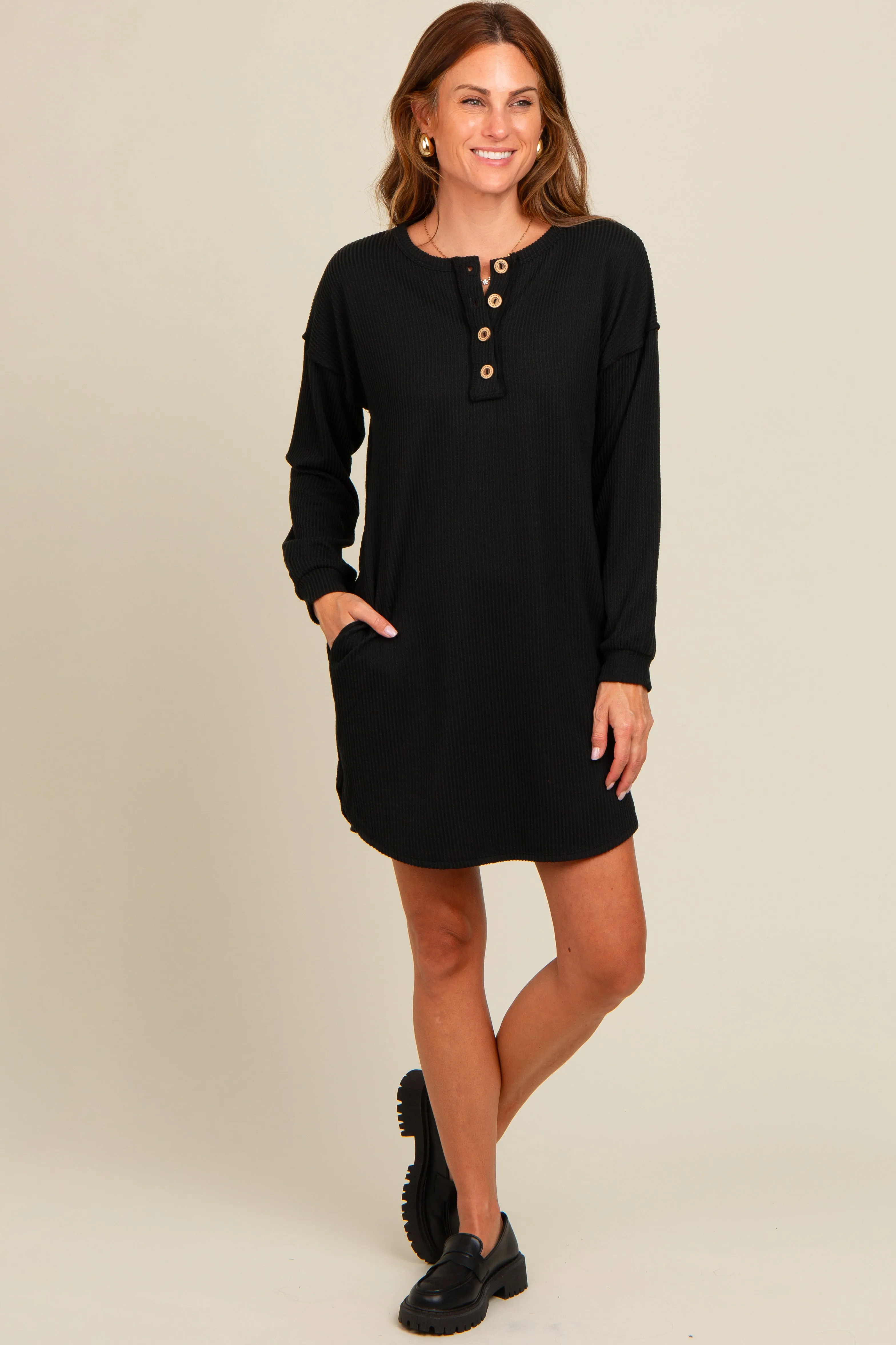 Black Ribbed Button Accent Dress sold by Pinkblush