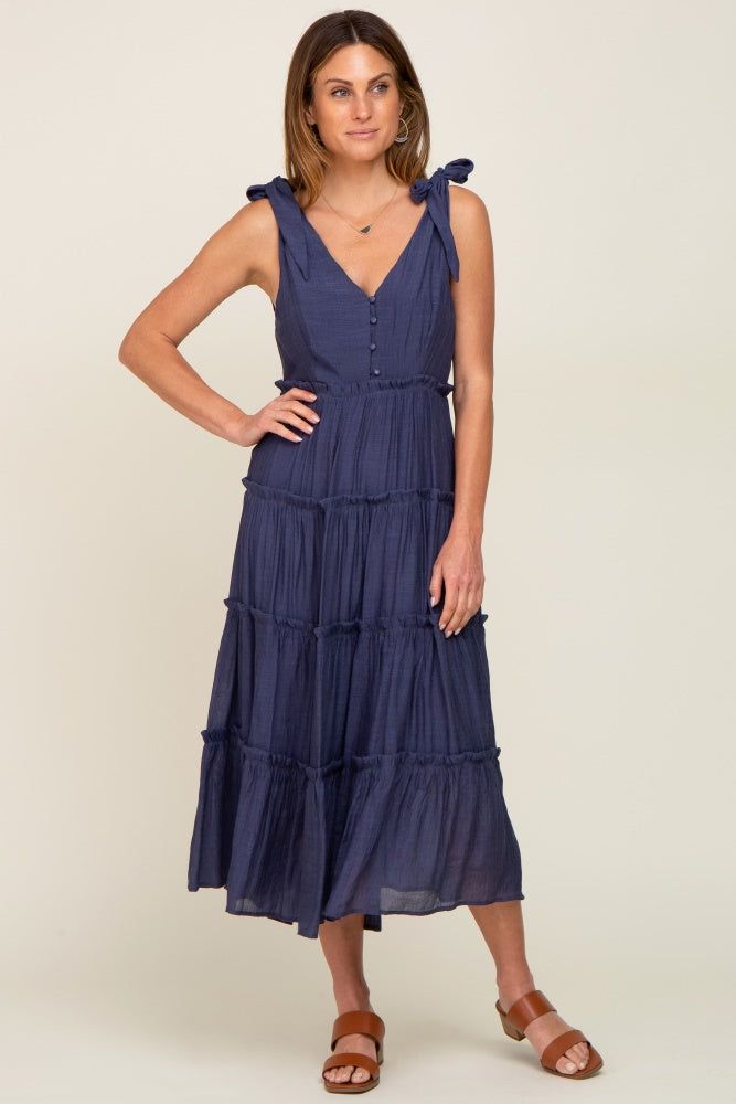 Navy Blue Linen Button Front Shoulder Tie Tiered Midi Dress sold by Pinkblush product image thumbnail 4