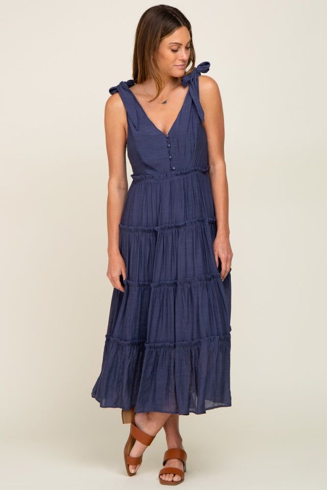 Navy Blue Linen Button Front Shoulder Tie Tiered Midi Dress sold by Pinkblush