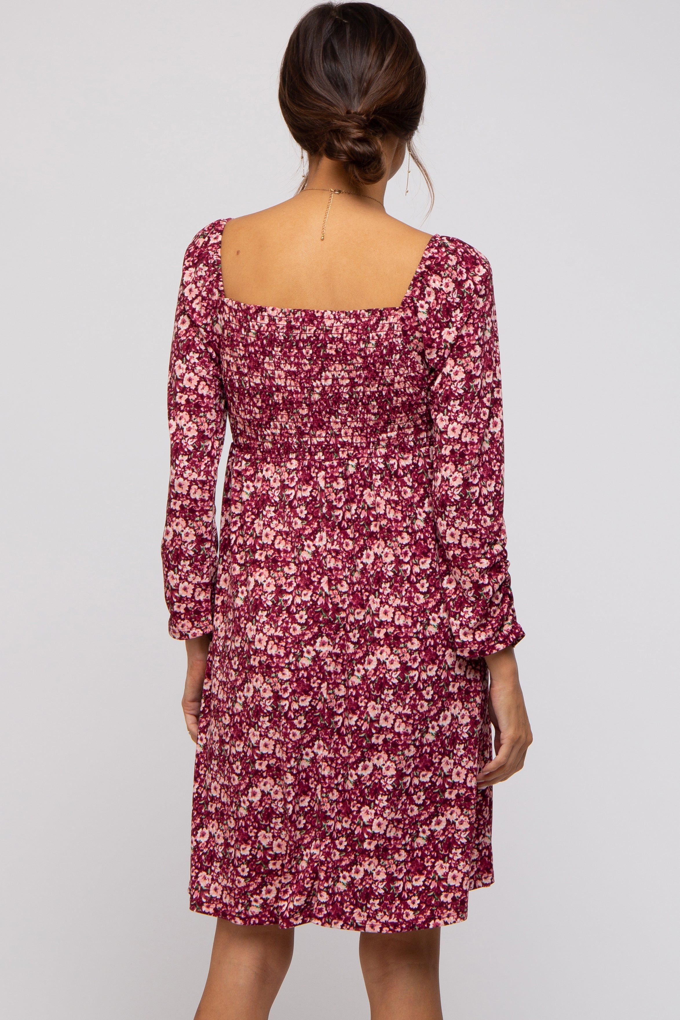 Burgundy Floral Ruched Long Sleeve Maternity Dress sold by Pinkblush product image thumbnail 3