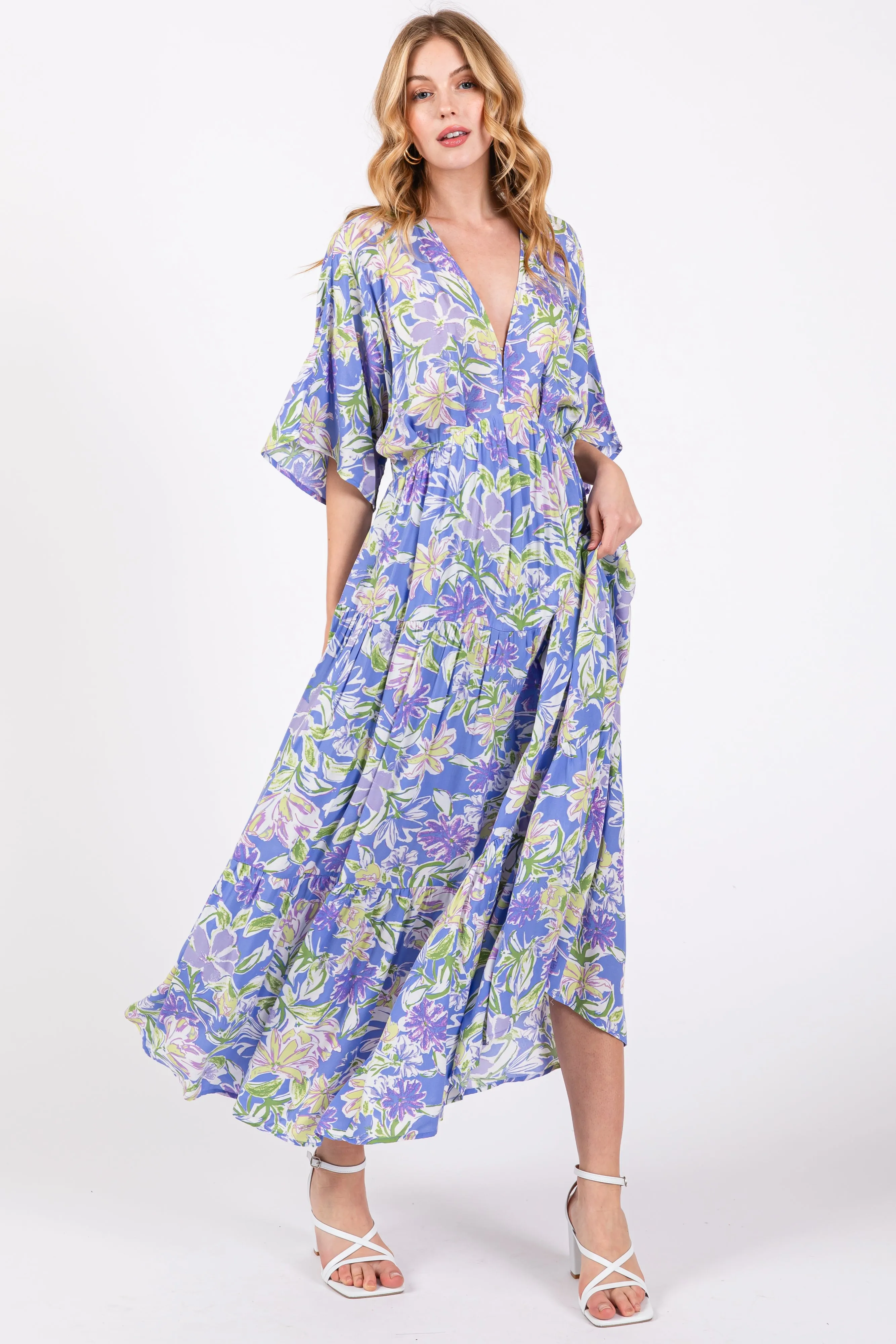 Blue Floral Dolman Sleeve Tiered Maxi Dress sold by Pinkblush product image thumbnail 4