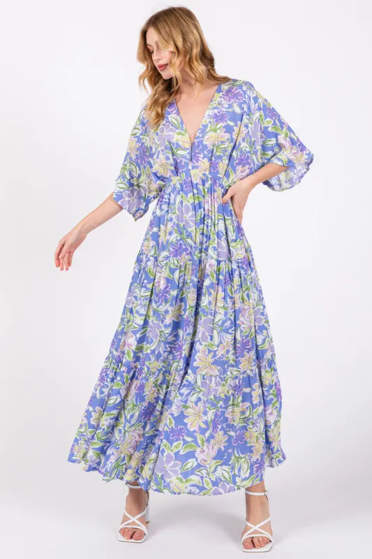 Blue Floral Dolman Sleeve Tiered Maxi Dress sold by Pinkblush