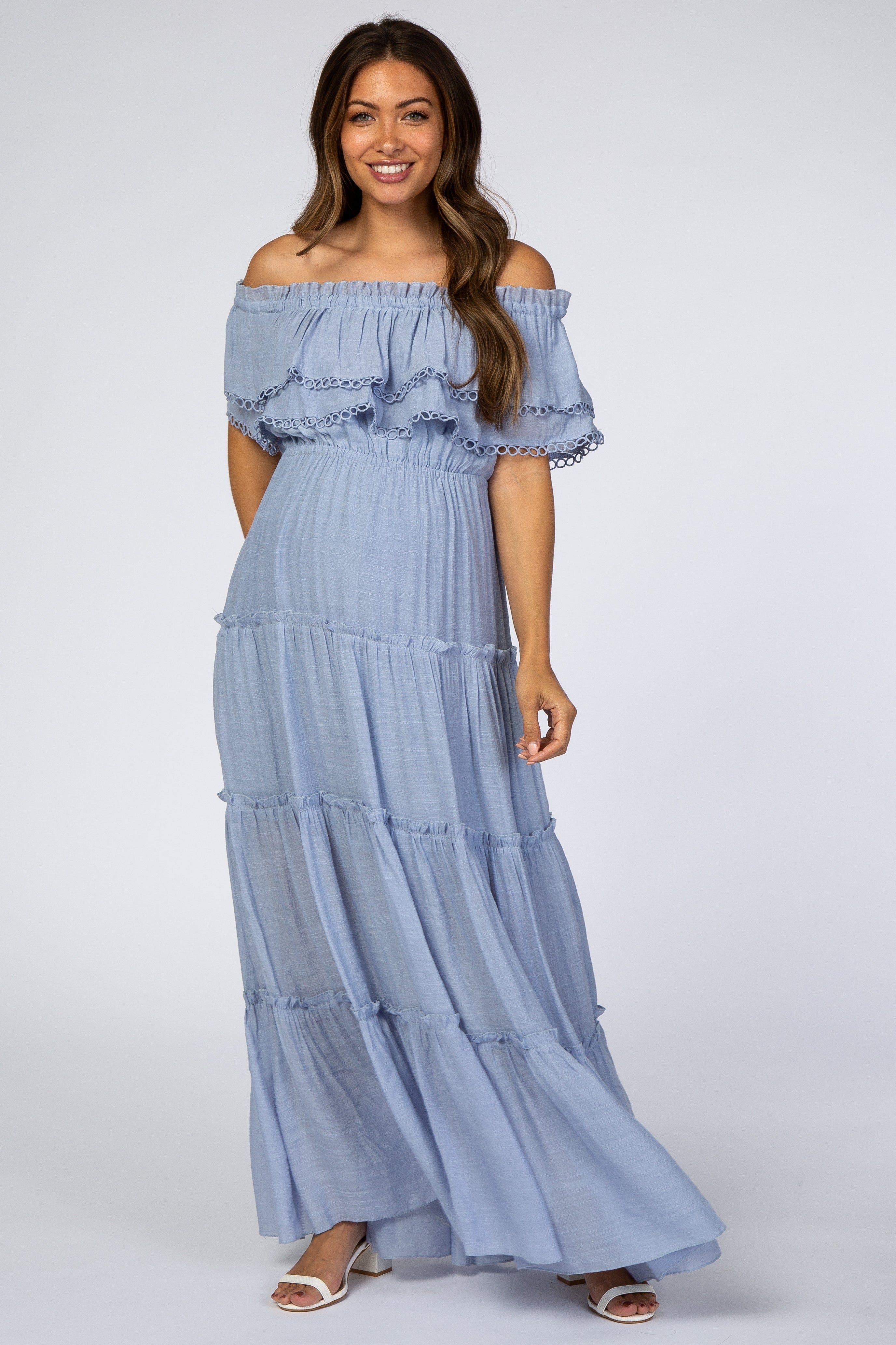 Light Blue Off Shoulder Eyelet Tiered Maternity Maxi Dress sold by Pinkblush