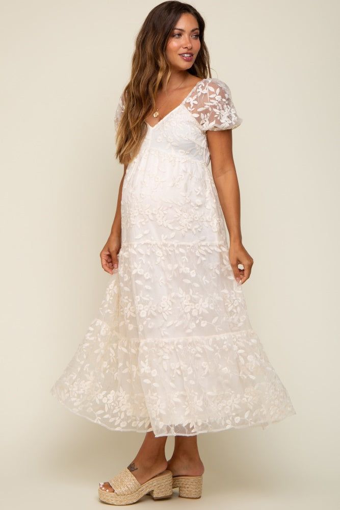 Cream Floral Embroidered Puff Sleeve Maternity Midi Dress sold by Pinkblush product image thumbnail 2