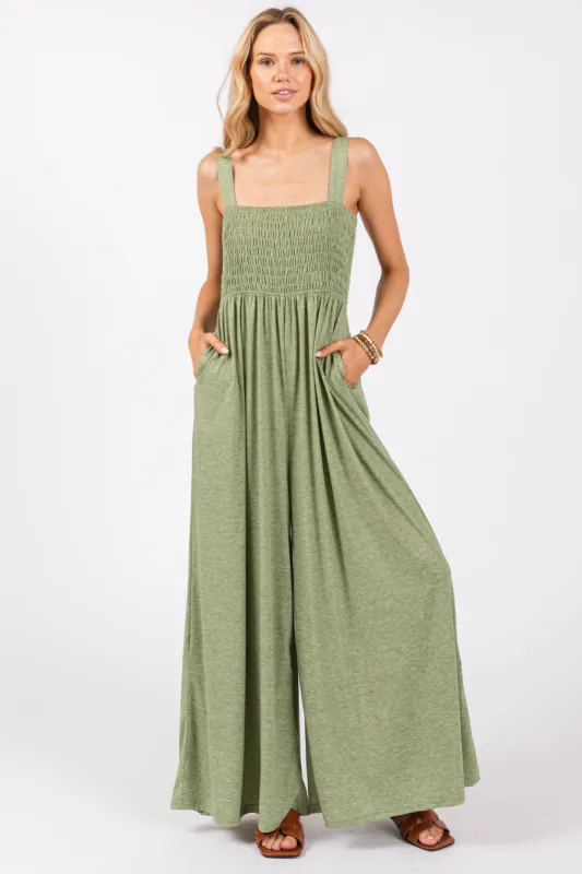 Green Smocked Wide Leg Jumpsuit sold by Pinkblush