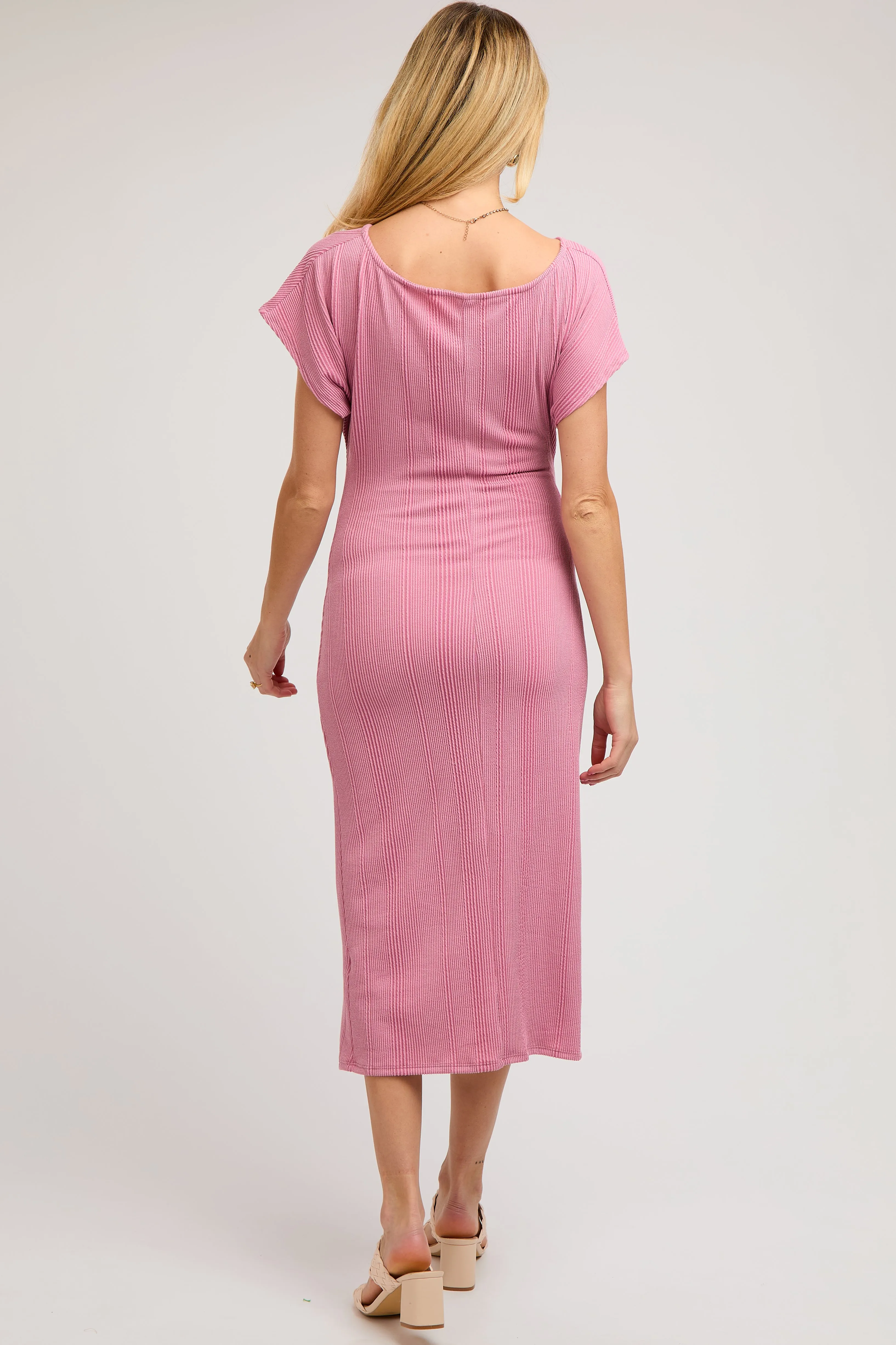 Mauve Ribbed Short Sleeve Gathered Maternity Midi Dress sold by Pinkblush product image thumbnail 3