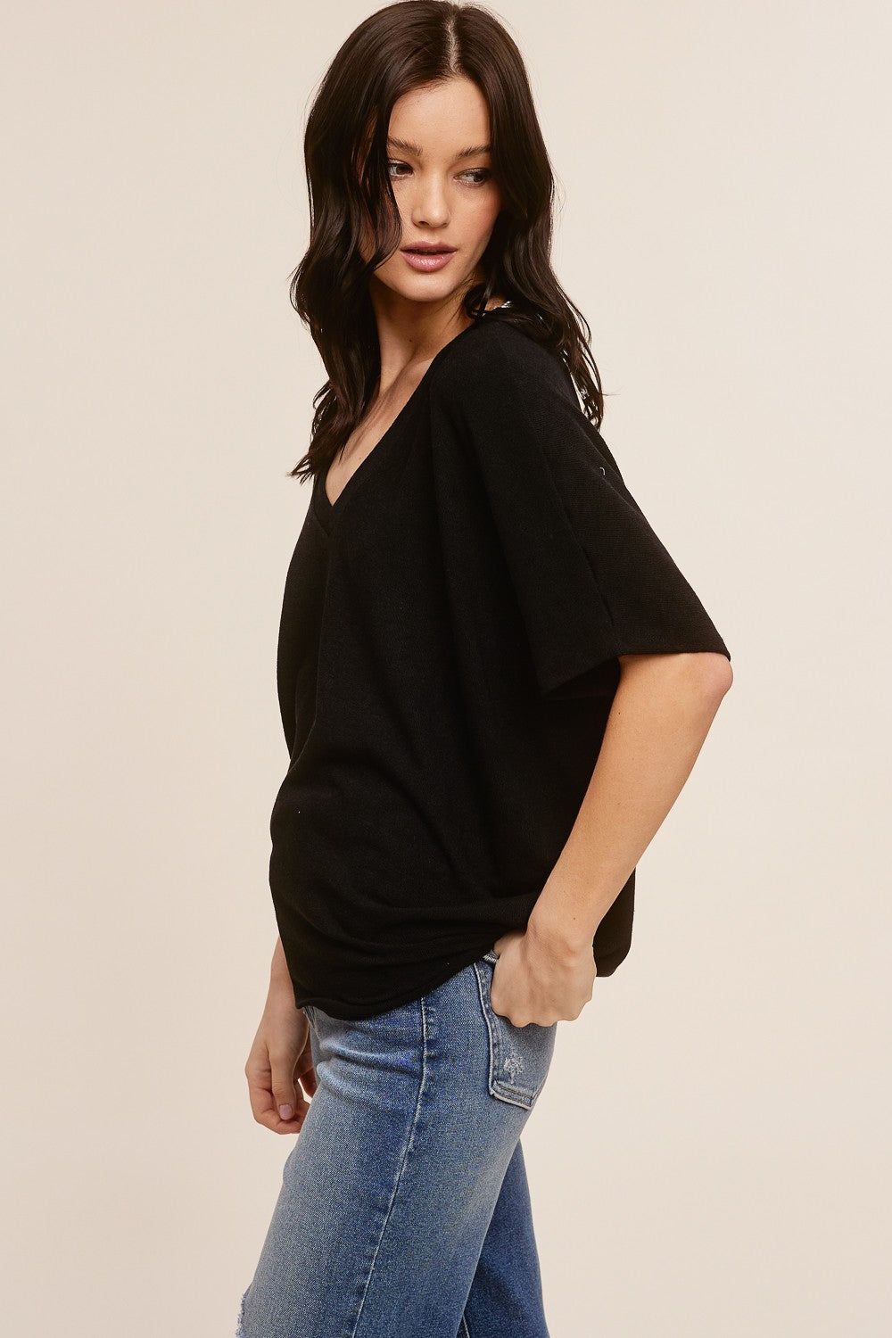 Black V-Neck Crepe Knit Top sold by Pinkblush product image thumbnail 2