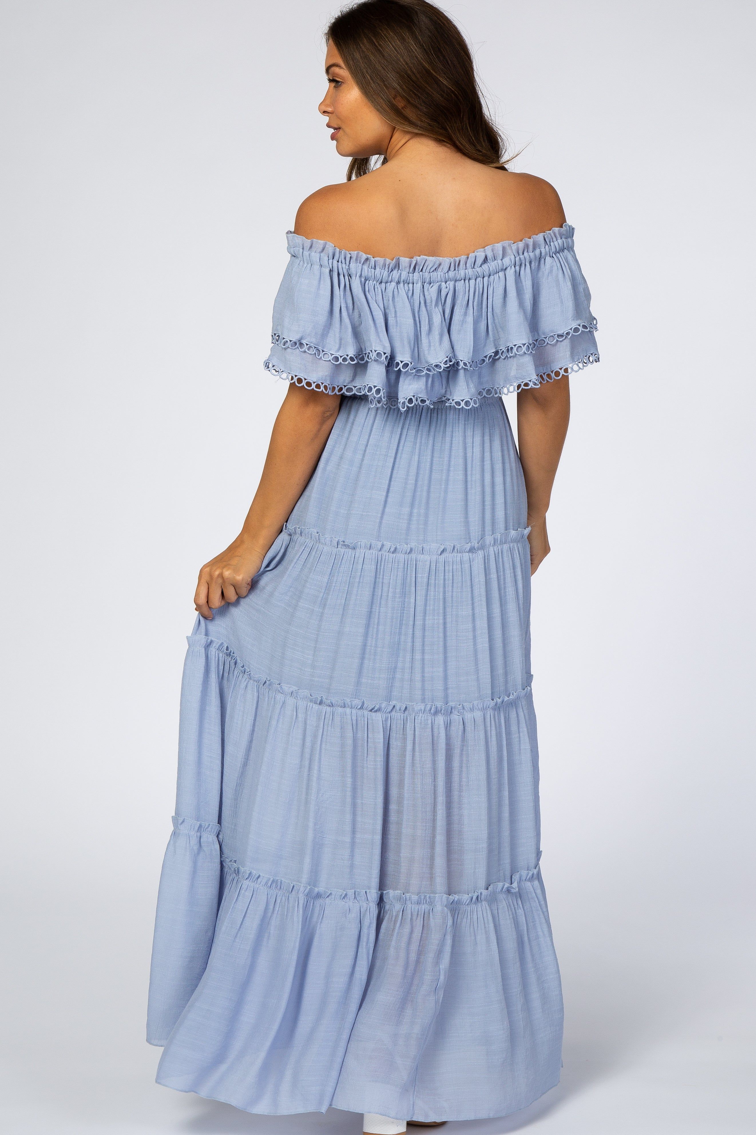 Light Blue Off Shoulder Eyelet Tiered Maternity Maxi Dress sold by Pinkblush product image thumbnail 3