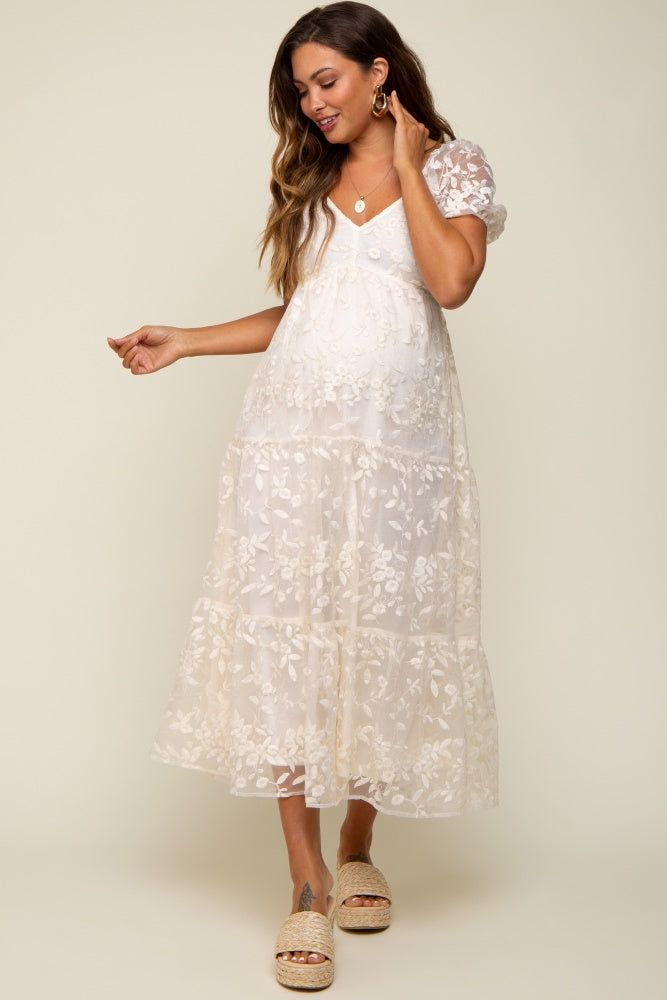 Cream Floral Embroidered Puff Sleeve Maternity Midi Dress sold by Pinkblush product image thumbnail 4