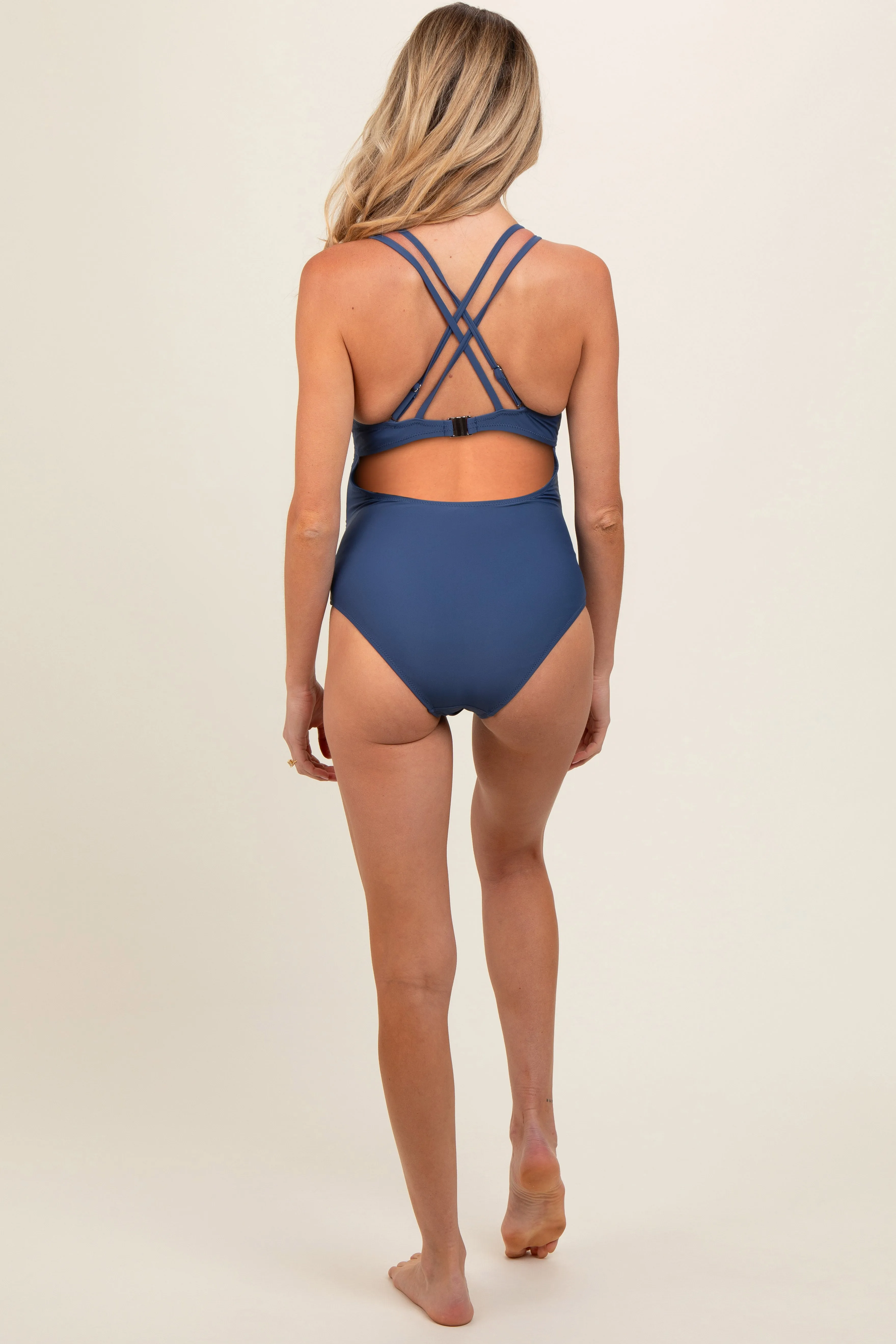 Royal Blue Ruched Side Strappy Cross Back Maternity One Piece Swimsuit sold by Pinkblush product image thumbnail 4