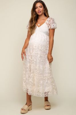 Cream Floral Embroidered Puff Sleeve Maternity Midi Dress sold by Pinkblush