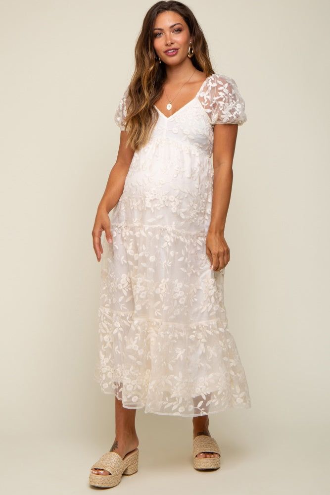 Cream Floral Embroidered Puff Sleeve Maternity Midi Dress sold by Pinkblush