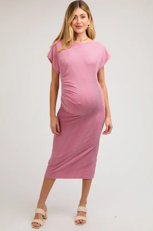Mauve Ribbed Short Sleeve Gathered Maternity Midi Dress sold by Pinkblush