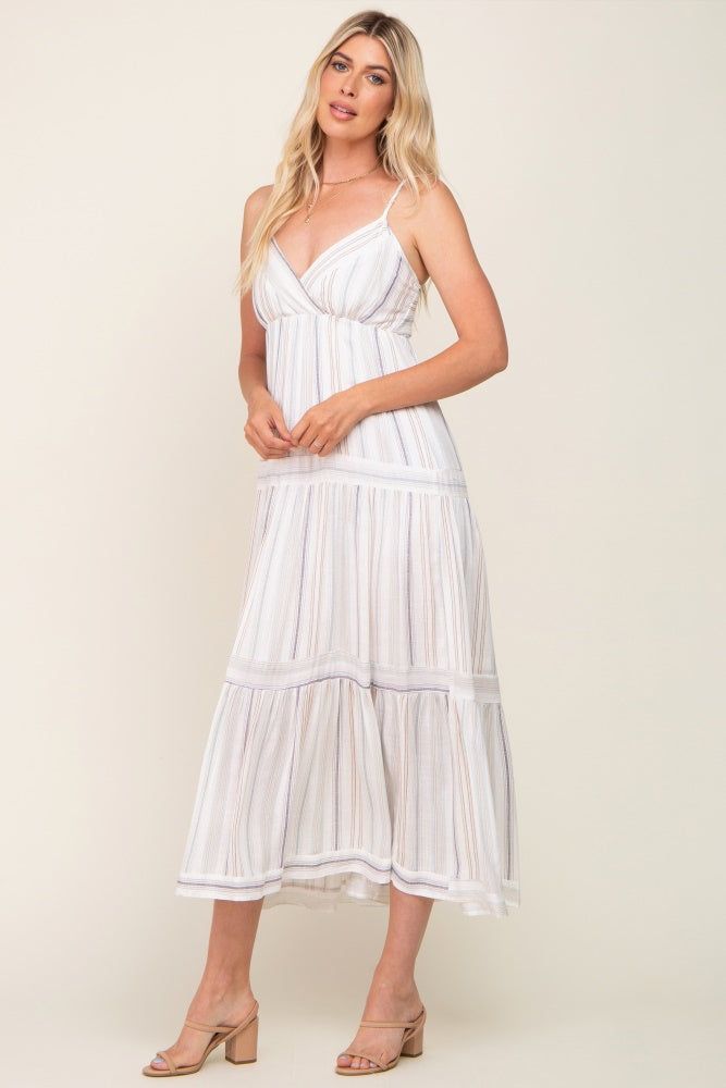 Ivory Striped Tiered Strapless Maxi Dress sold by Pinkblush