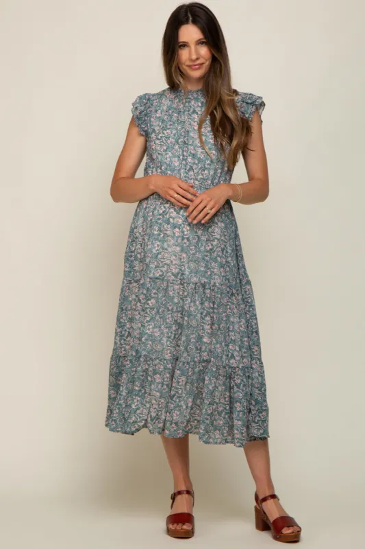 Teal Floral Tiered Maternity Midi Dress sold by Pinkblush