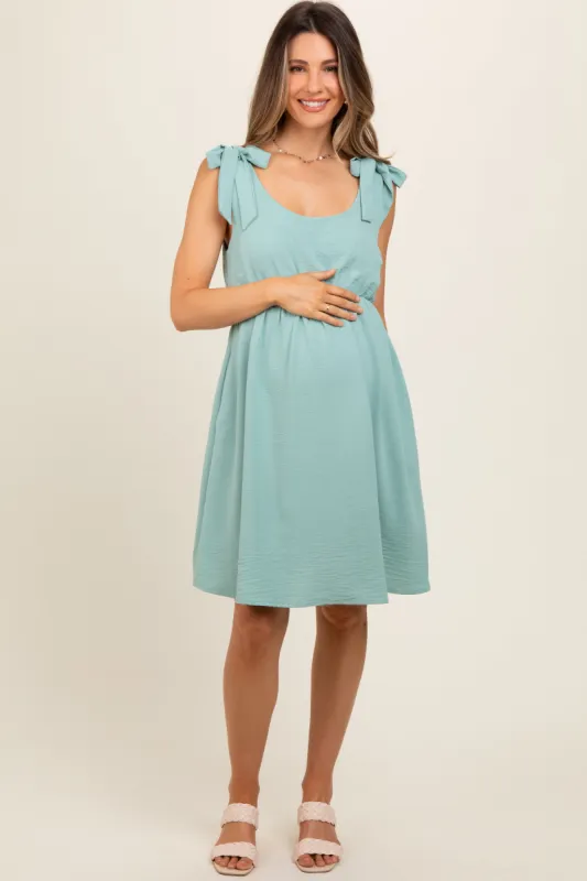 Mint Solid Tie-Shoulder Scoop Neck Maternity Dress sold by Pinkblush