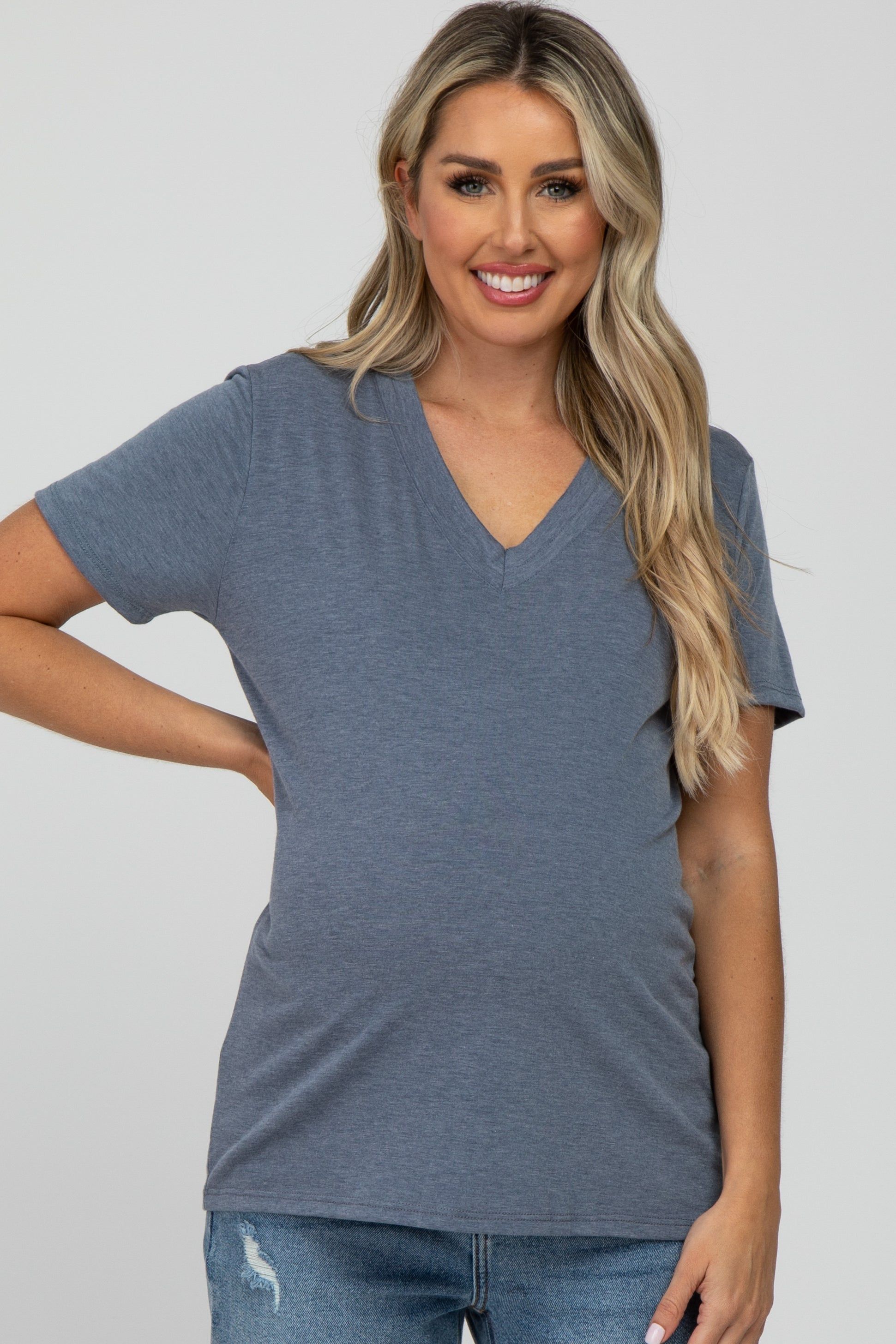 Charcoal Heathered V-Neck Maternity Top sold by Pinkblush