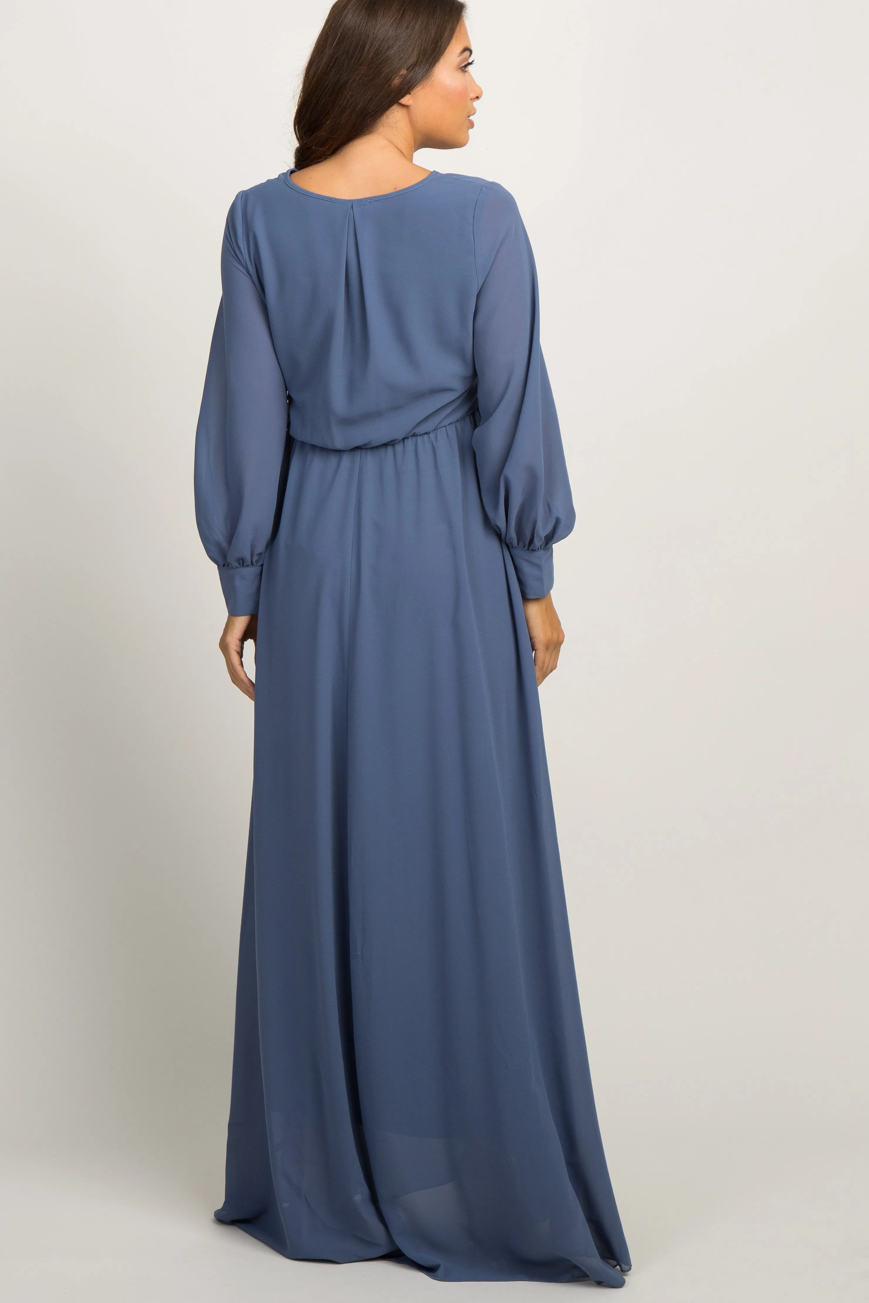 Blue Chiffon Long Sleeve Pleated Maternity Maxi Dress sold by Pinkblush product image thumbnail 3