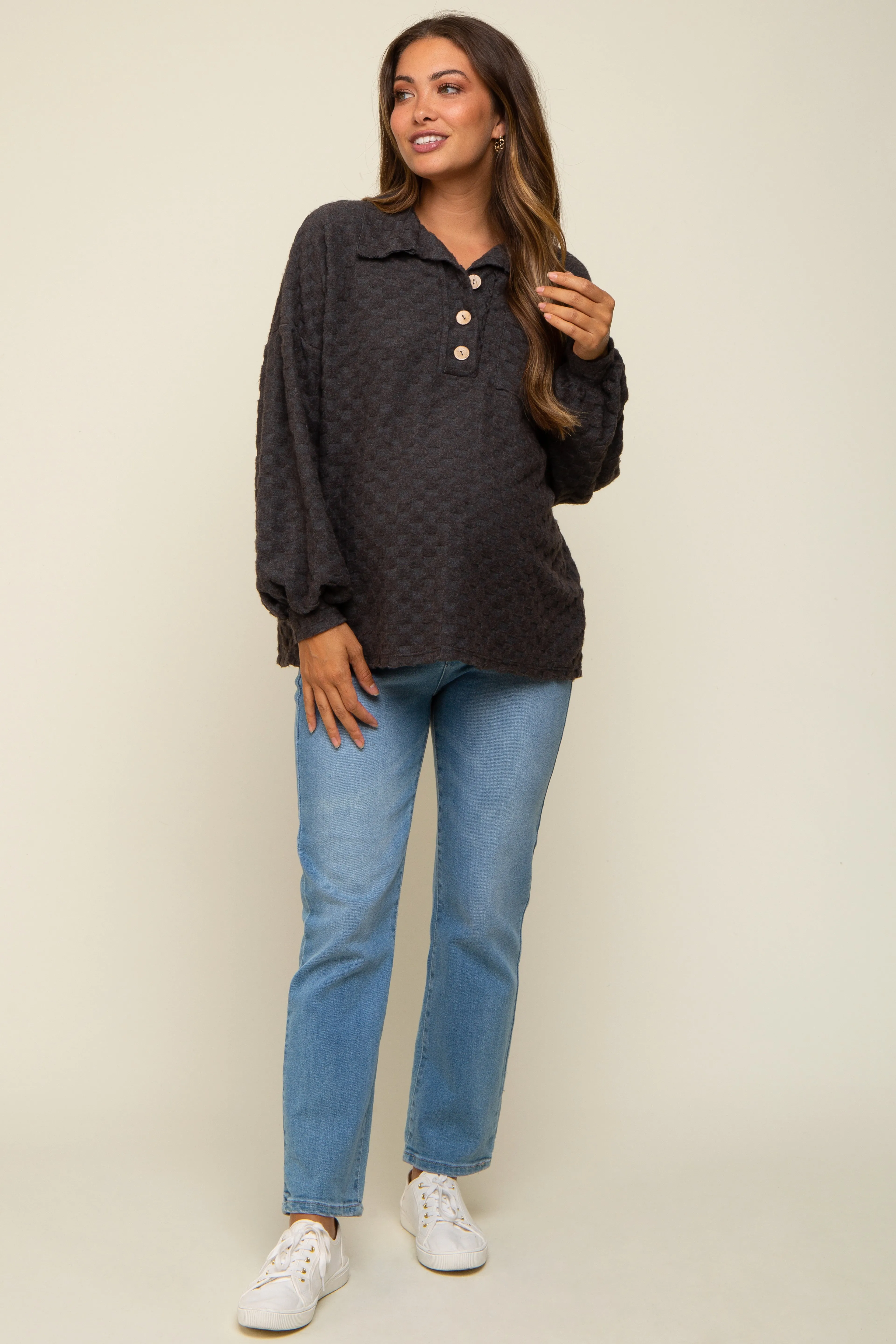 Charcoal Fuzzy Checkered Button Front Maternity Top sold by Pinkblush
