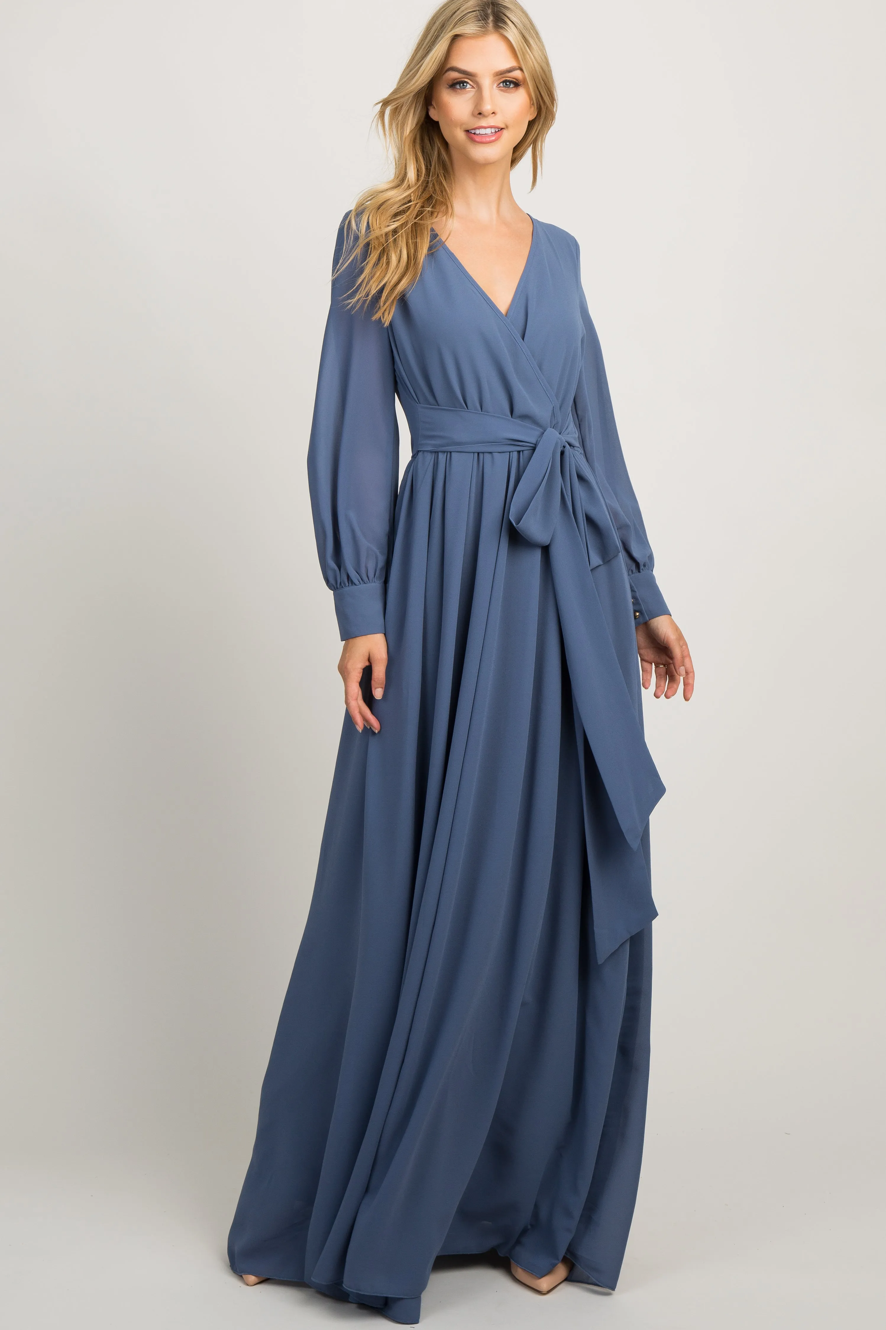 Blue Chiffon Long Sleeve Pleated Maternity Maxi Dress sold by Pinkblush product image thumbnail 4