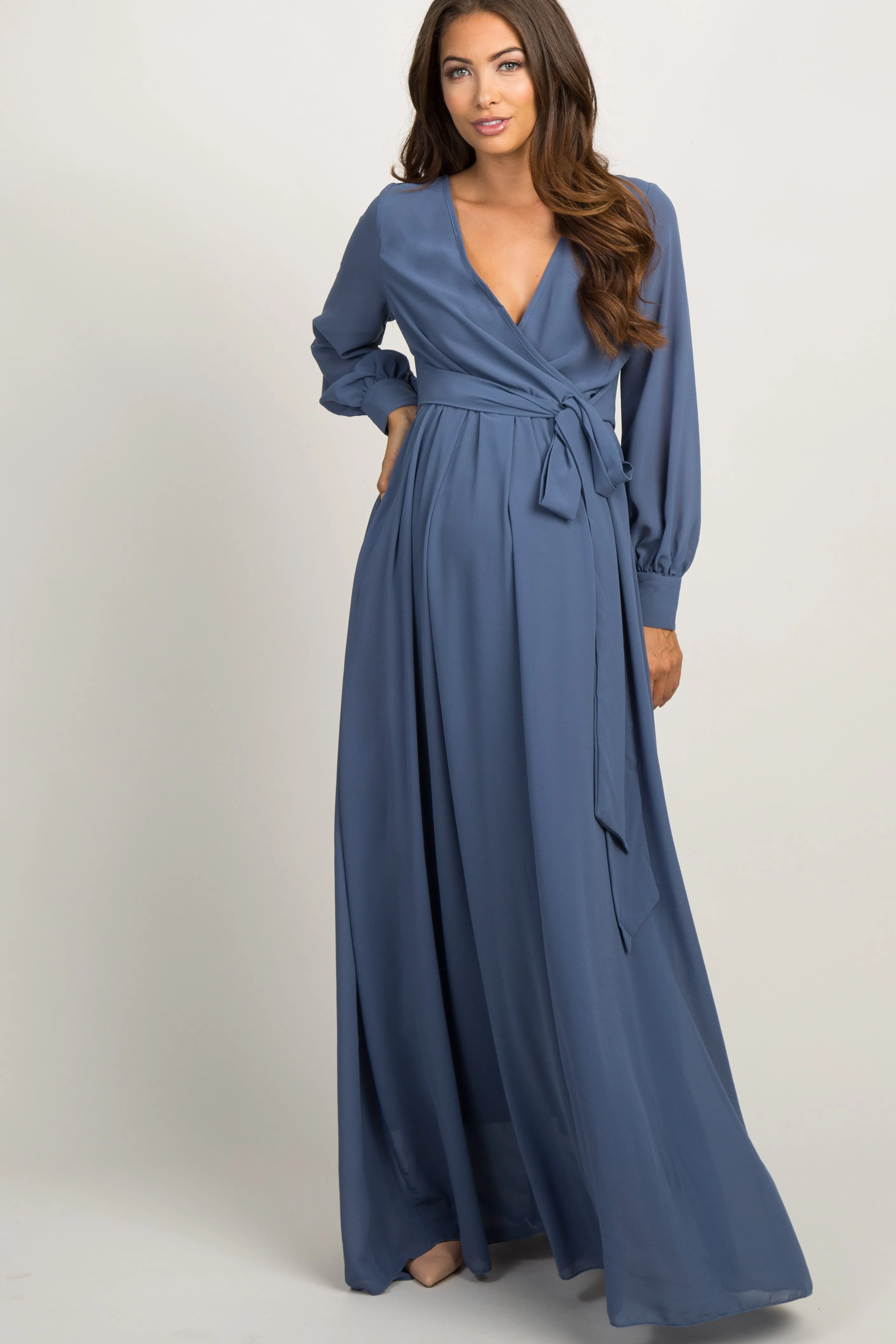 Blue Chiffon Long Sleeve Pleated Maternity Maxi Dress sold by Pinkblush