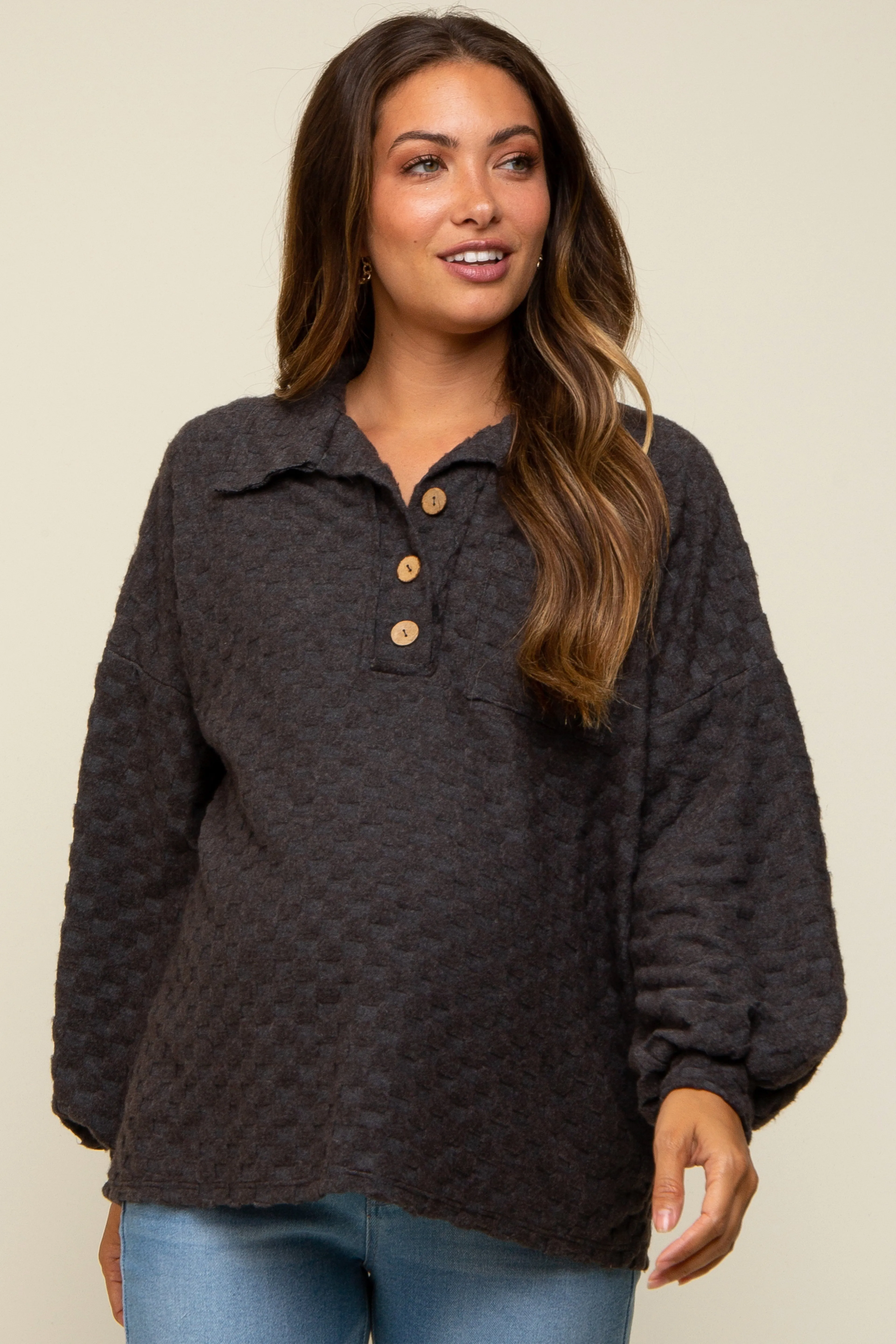 Charcoal Fuzzy Checkered Button Front Maternity Top sold by Pinkblush product image thumbnail 2