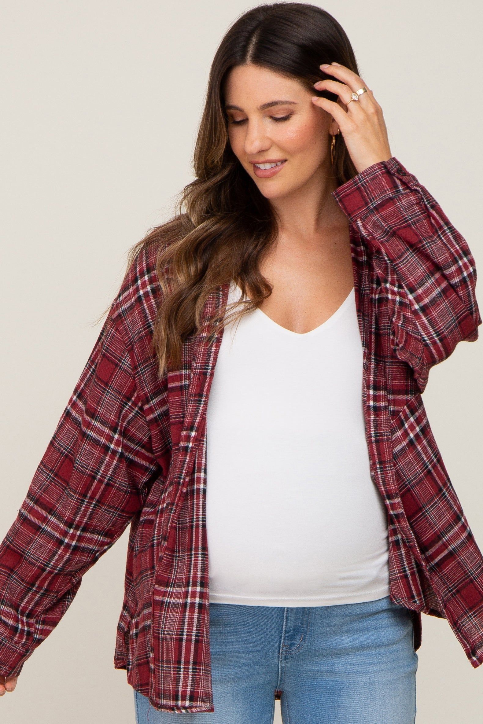 Red Plaid Button Down Maternity Top sold by Pinkblush