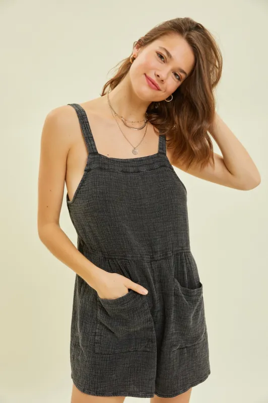 Black Washed Gauze Overall Style Romper sold by Pinkblush
