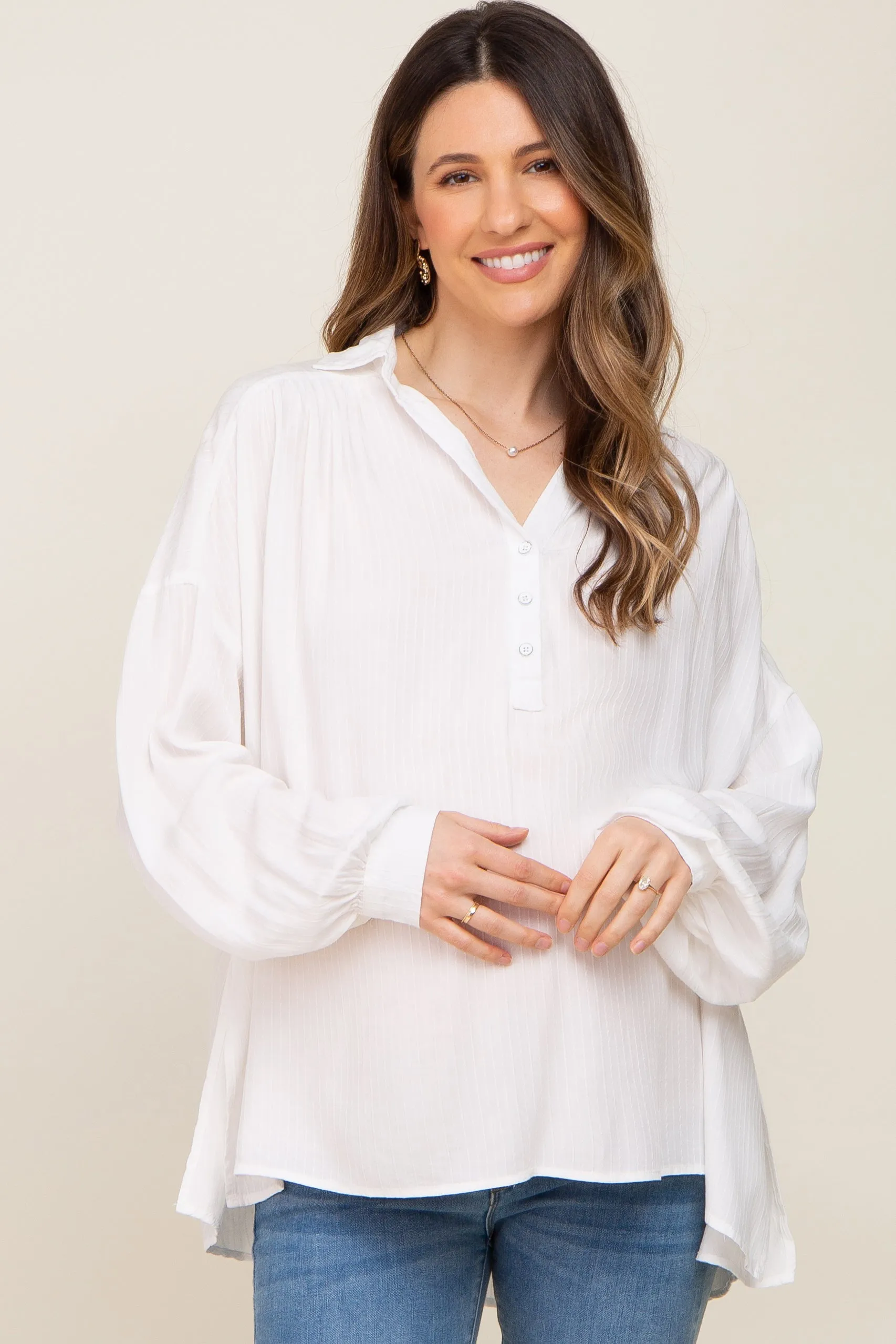 Ivory Lightweight Striped Textured Collared Maternity Top sold by Pinkblush