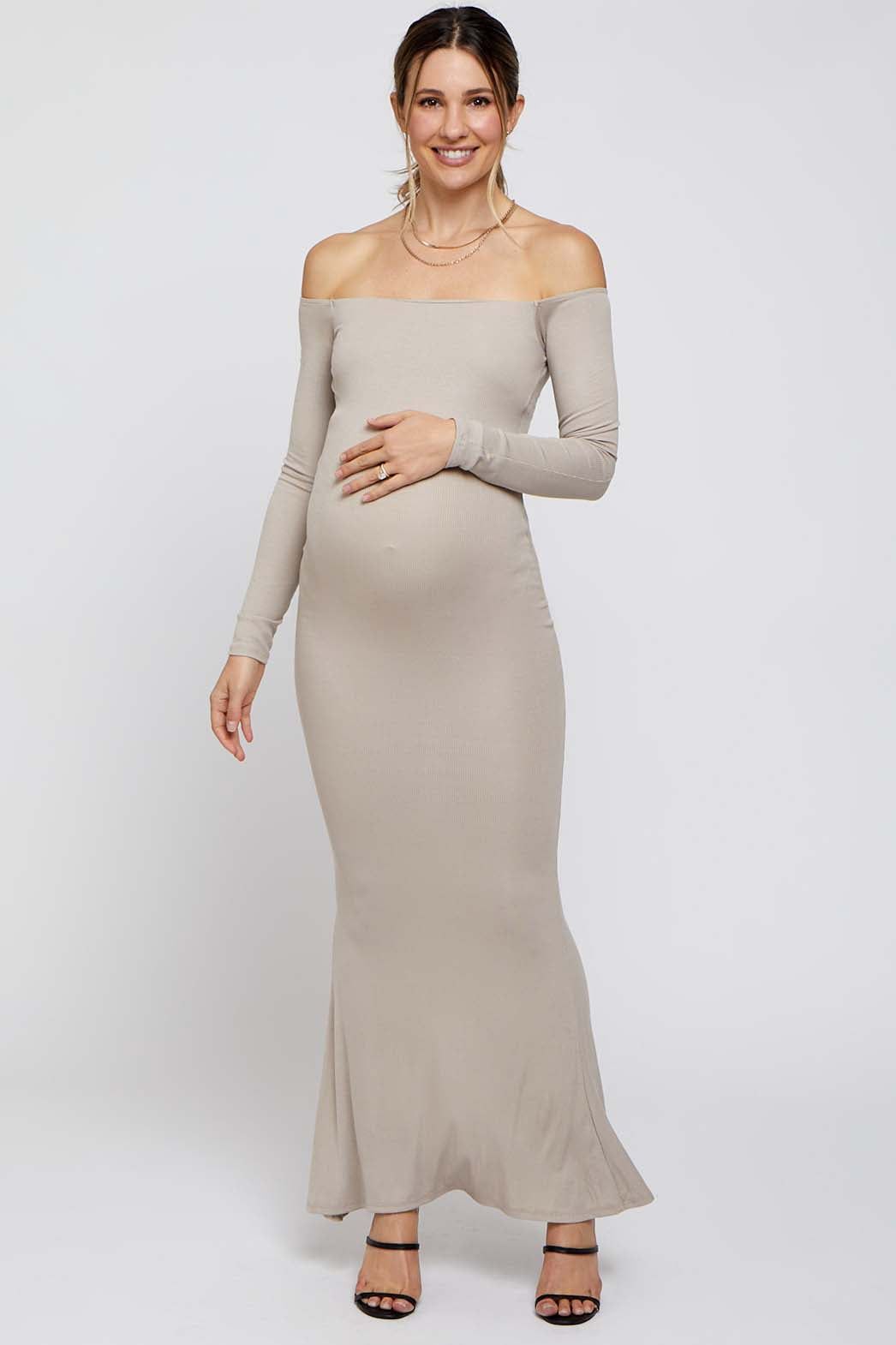 Taupe Ribbed Off Shoulder Long Sleeve Maternity Maxi Dress sold by Pinkblush