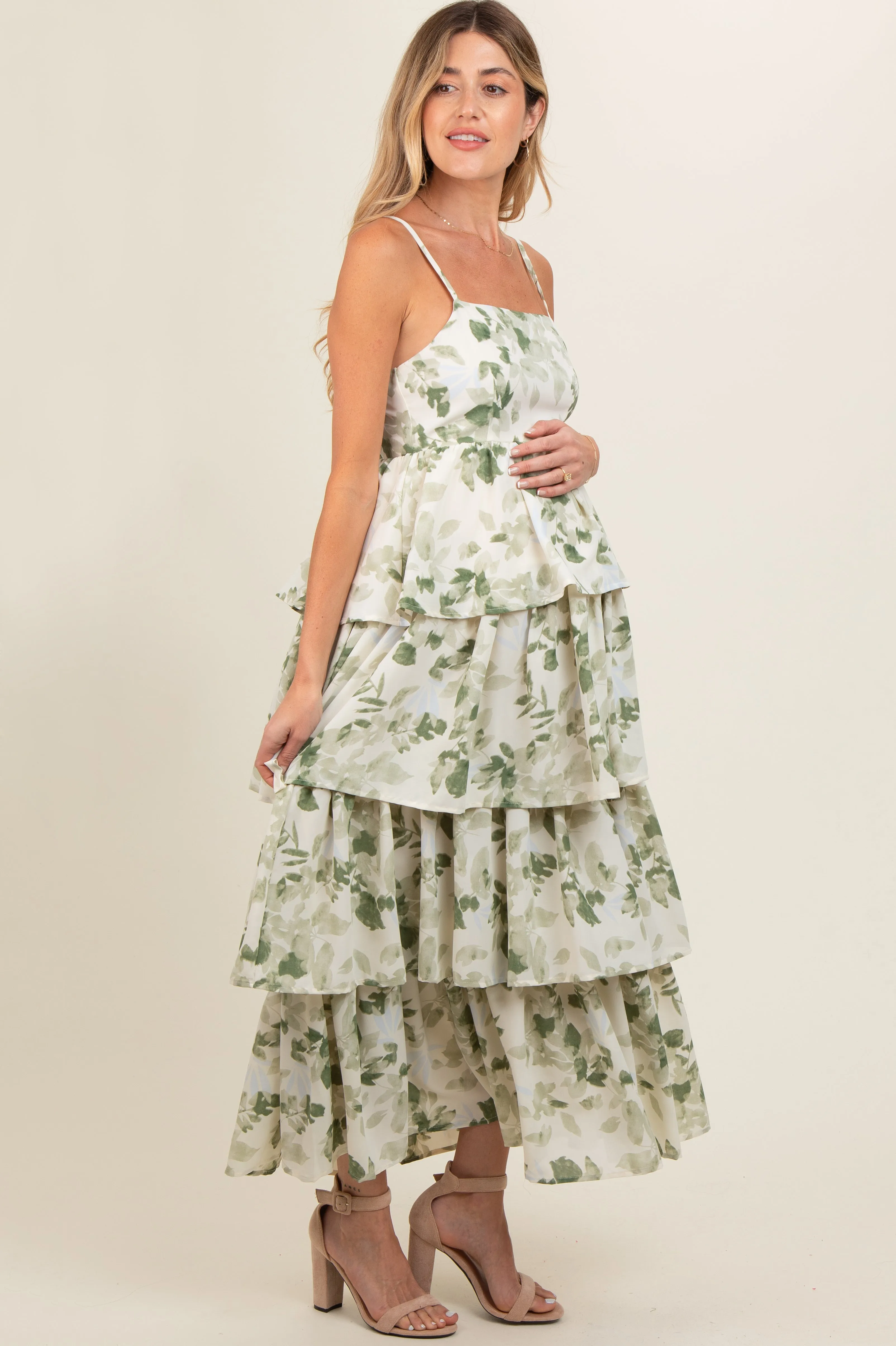 Olive Leaf Print Square Neck Cut-Out Back Ruffle Tiered Maternity Midi Dress sold by Pinkblush product image thumbnail 3