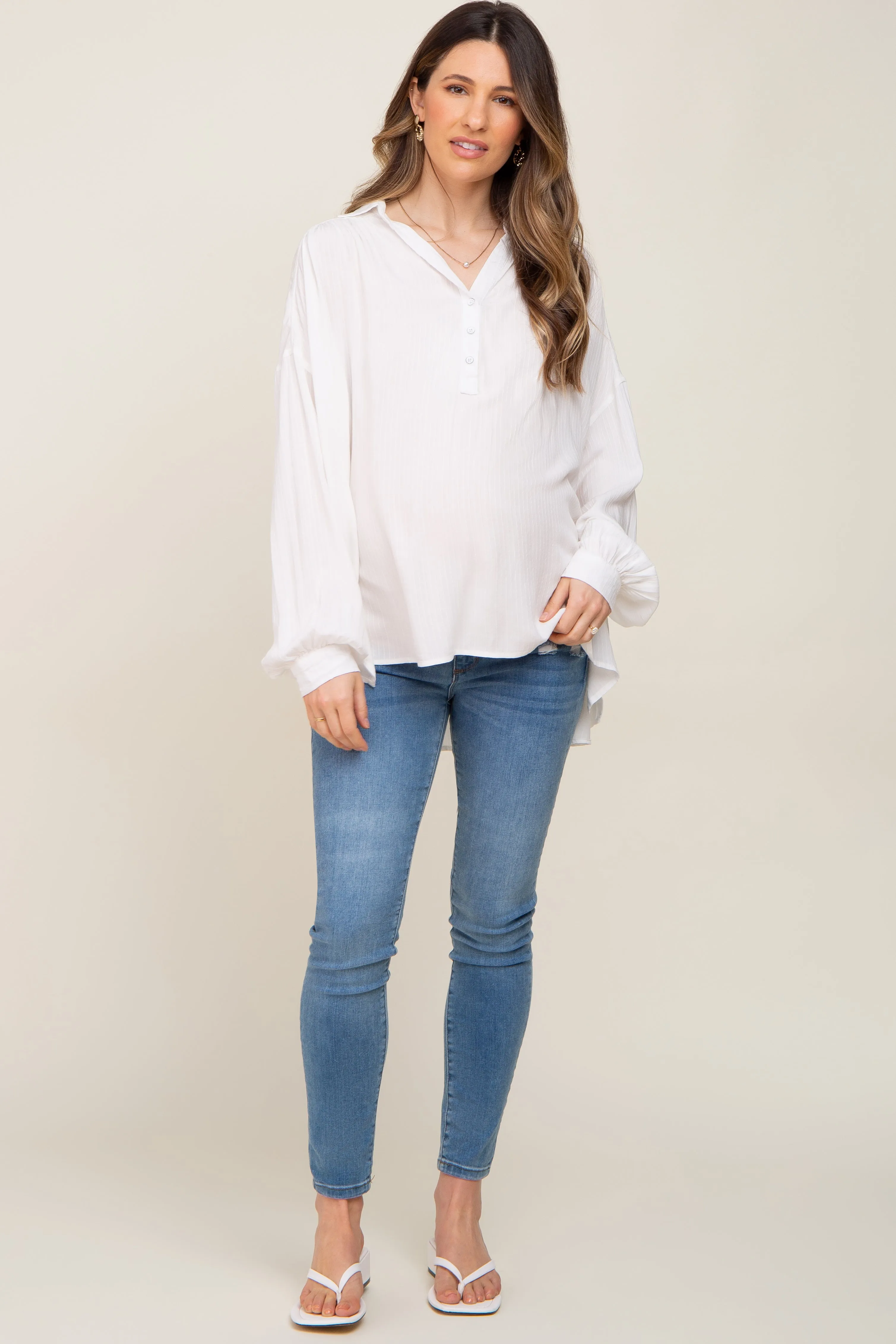 Ivory Lightweight Striped Textured Collared Maternity Top sold by Pinkblush product image thumbnail 5