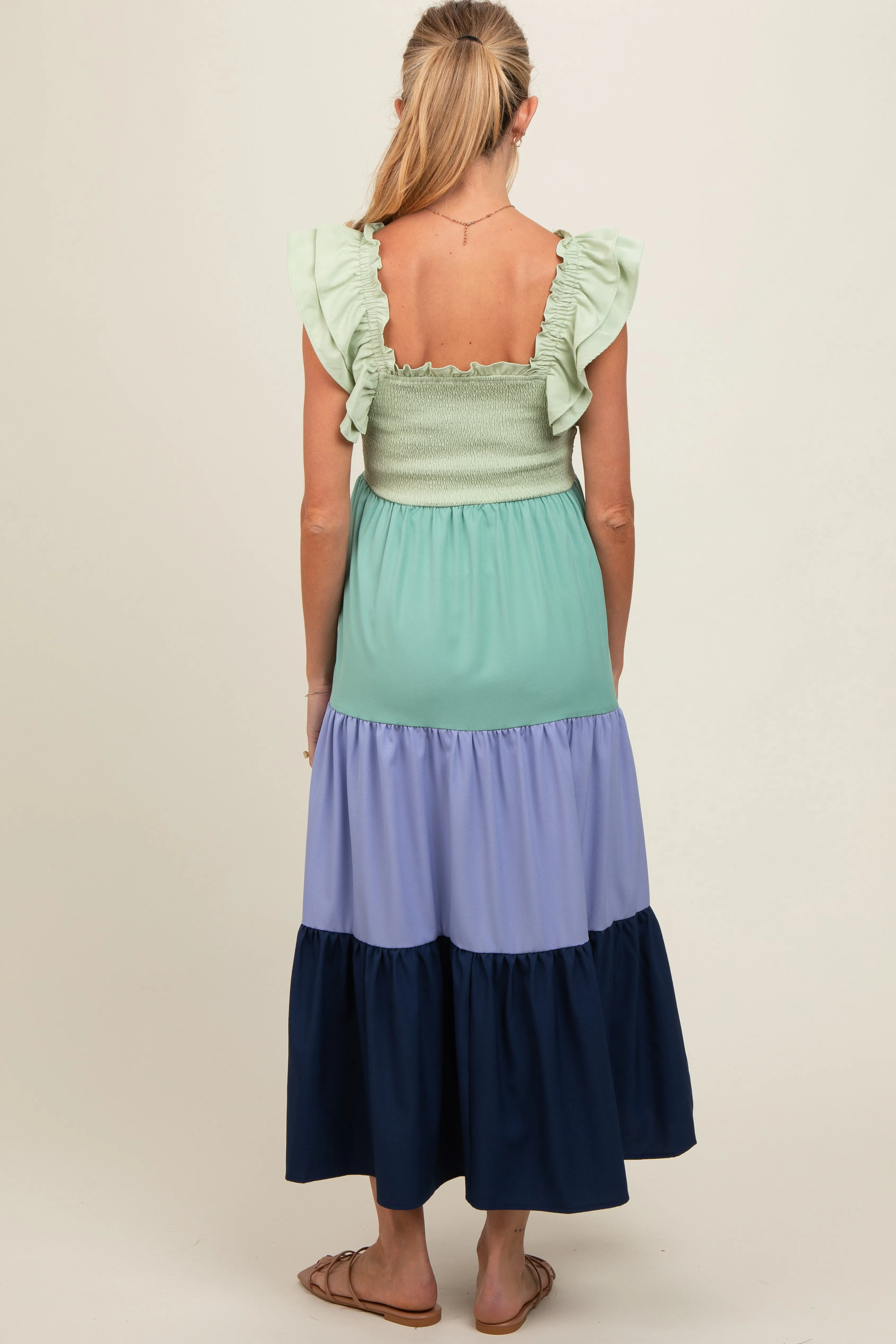 Multi-Color Smocked Tiered Flutter Sleeve Maternity Maxi Dress sold by Pinkblush product image thumbnail 4