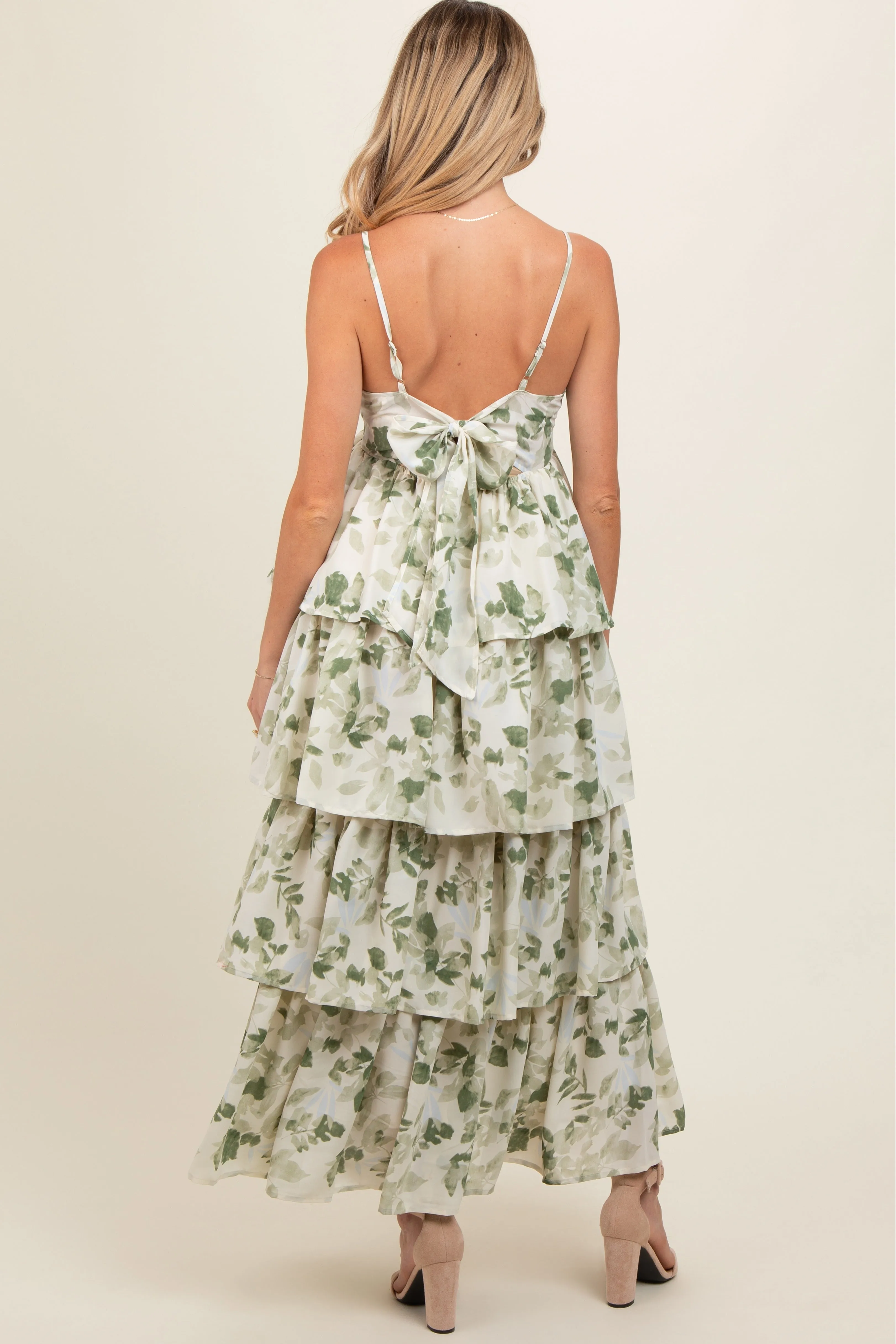 Olive Leaf Print Square Neck Cut-Out Back Ruffle Tiered Maternity Midi Dress sold by Pinkblush product image thumbnail 4