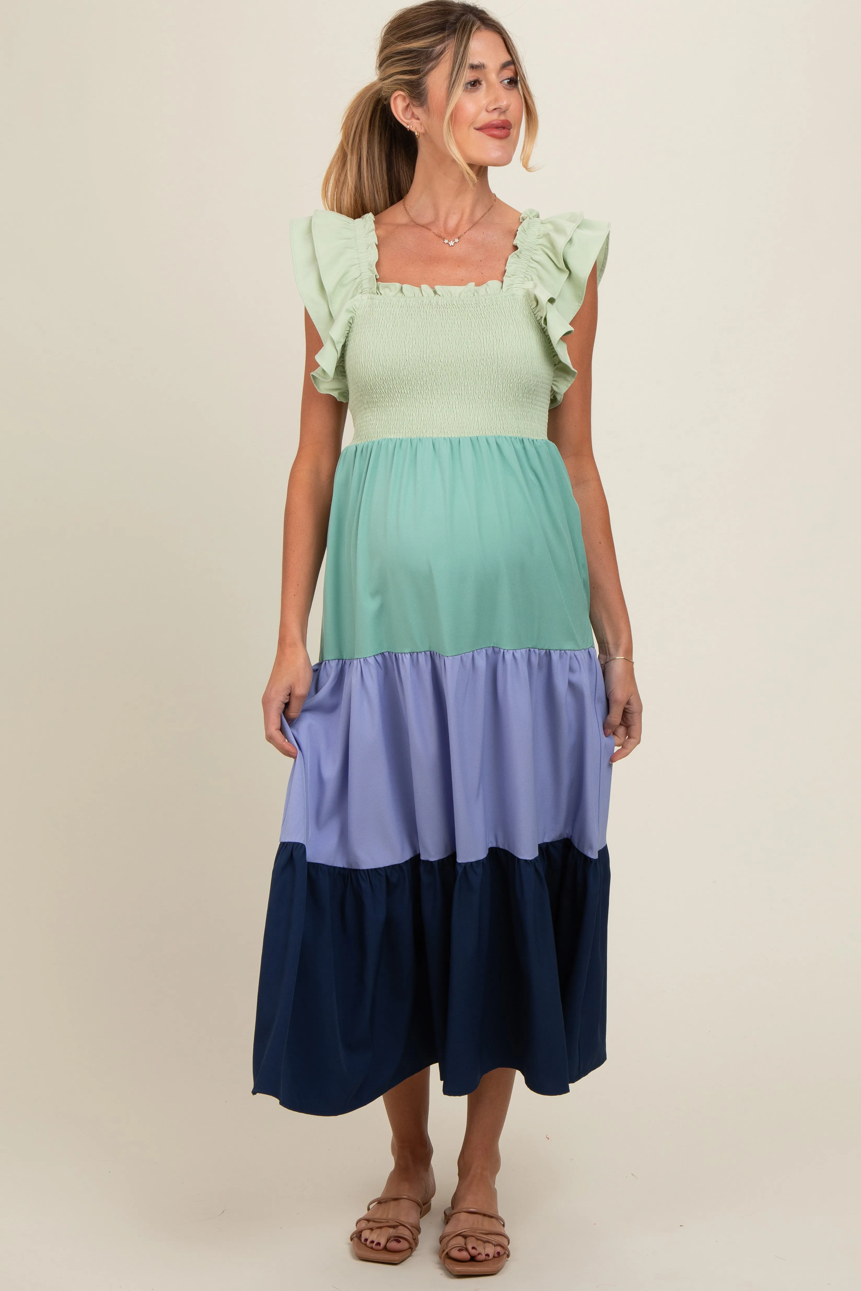 Multi-Color Smocked Tiered Flutter Sleeve Maternity Maxi Dress sold by Pinkblush