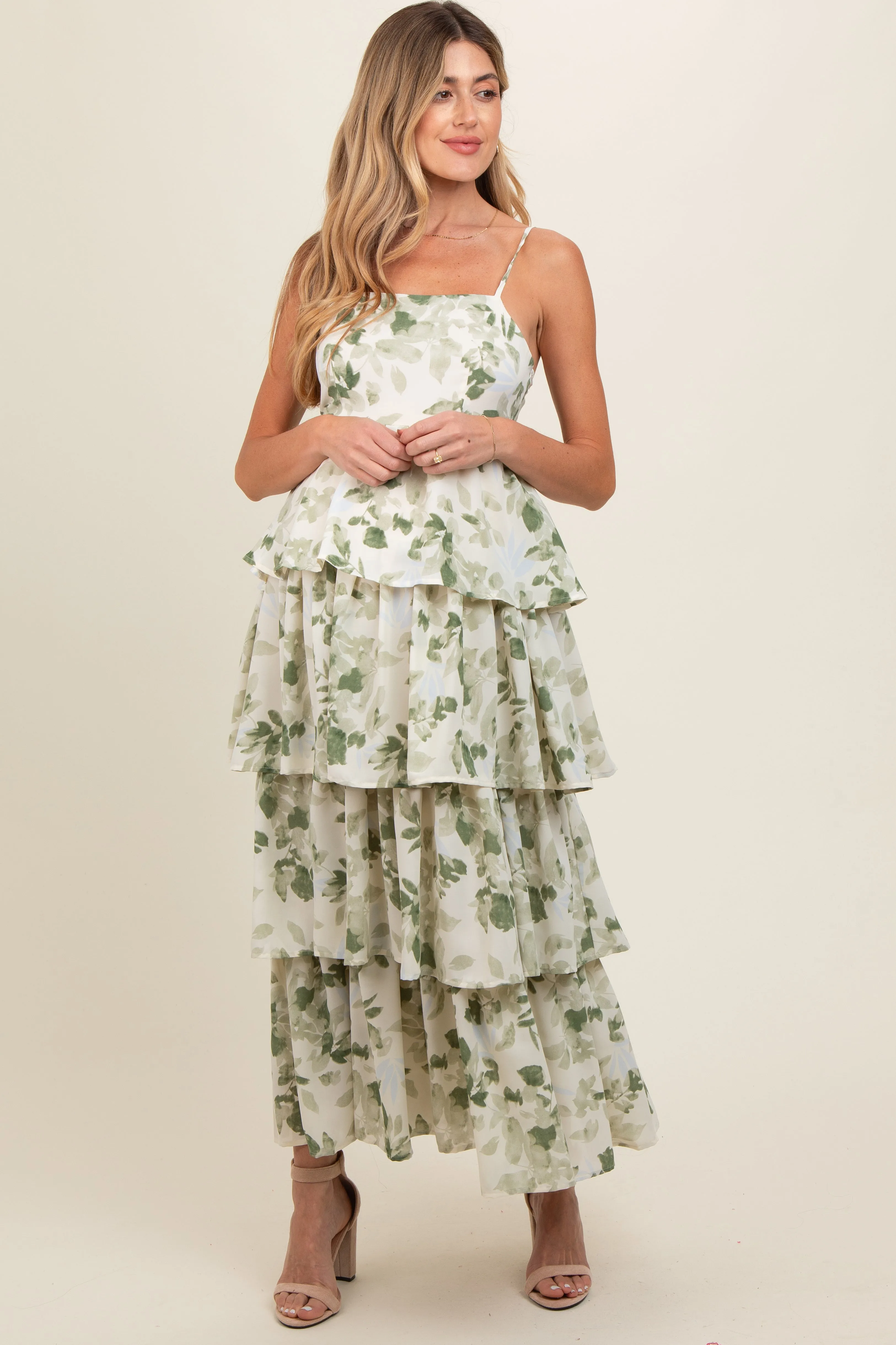 Olive Leaf Print Square Neck Cut-Out Back Ruffle Tiered Maternity Midi Dress sold by Pinkblush