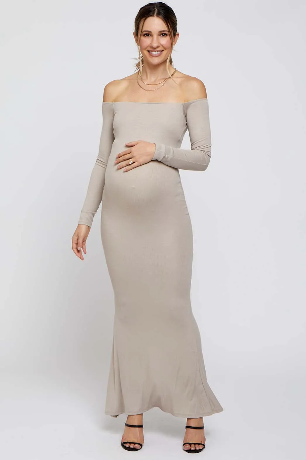 Taupe Ribbed Off Shoulder Long Sleeve Maternity Maxi Dress sold by Pinkblush