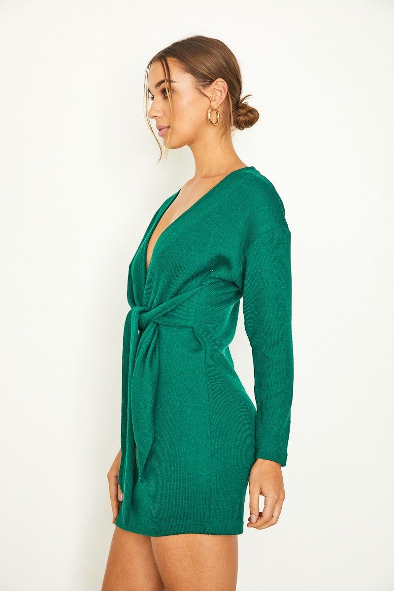 Forest Green Rib Knit Long Sleeved Faux Wrap Mini Dress sold by Pinkblush product image thumbnail 2