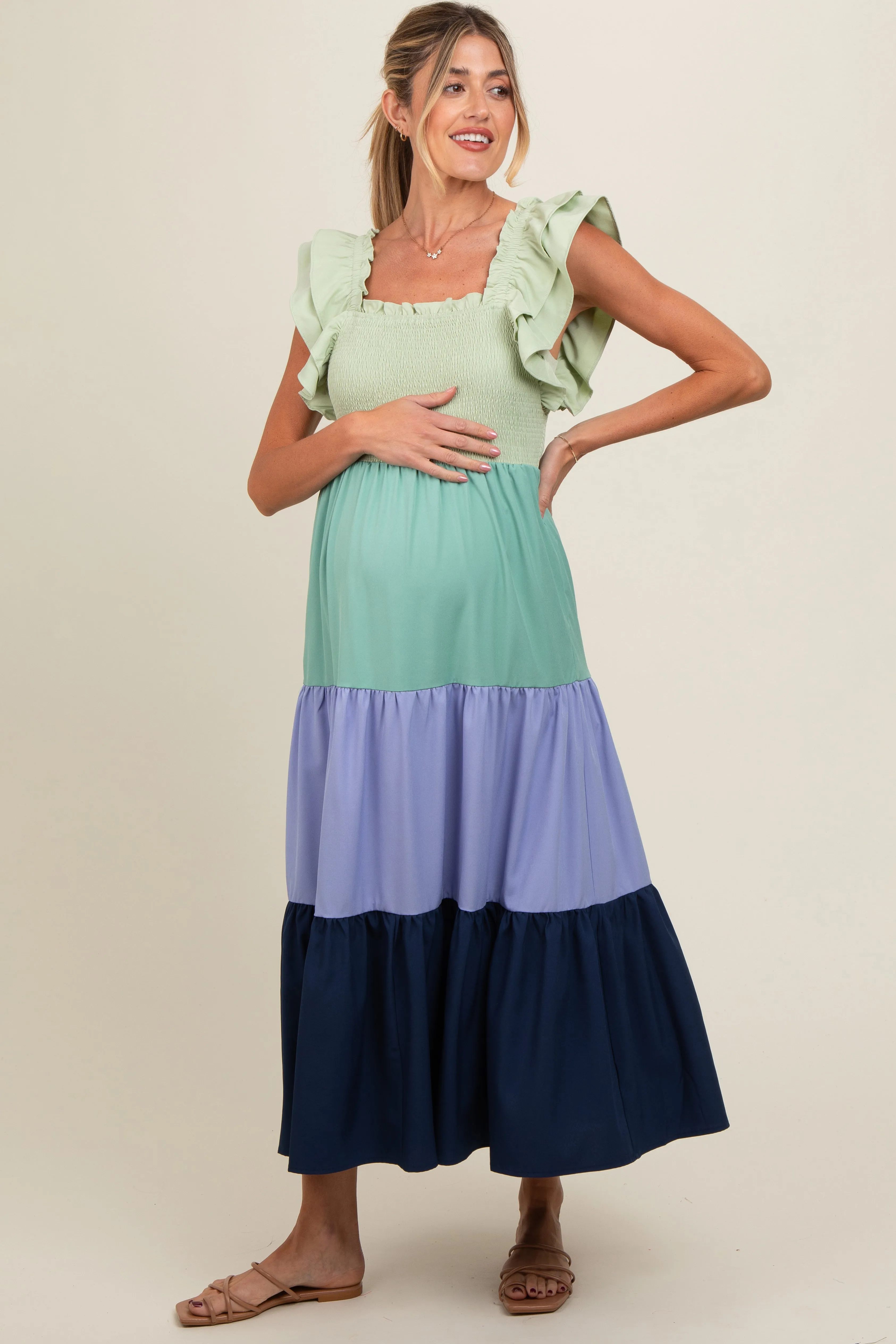 Multi-Color Smocked Tiered Flutter Sleeve Maternity Maxi Dress sold by Pinkblush product image thumbnail 2