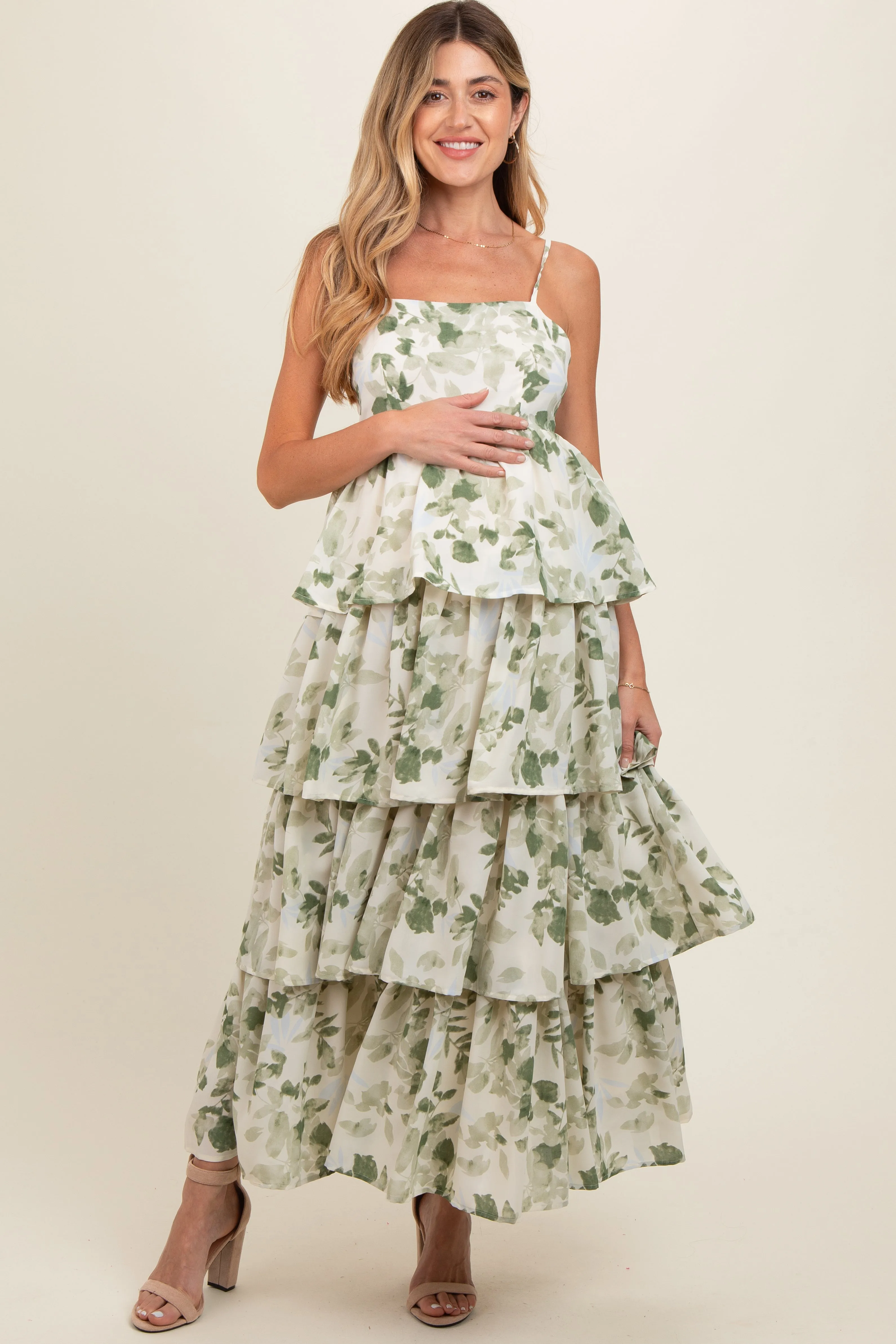 Olive Leaf Print Square Neck Cut-Out Back Ruffle Tiered Maternity Midi Dress sold by Pinkblush product image thumbnail 2