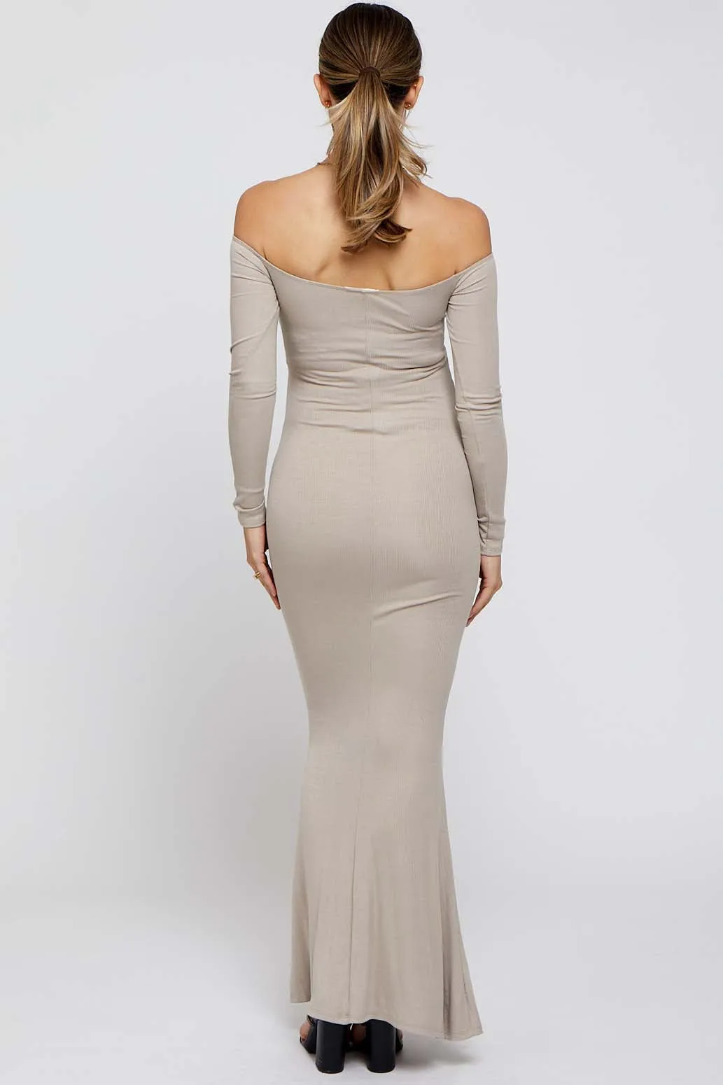 Taupe Ribbed Off Shoulder Long Sleeve Maternity Maxi Dress sold by Pinkblush product image thumbnail 2