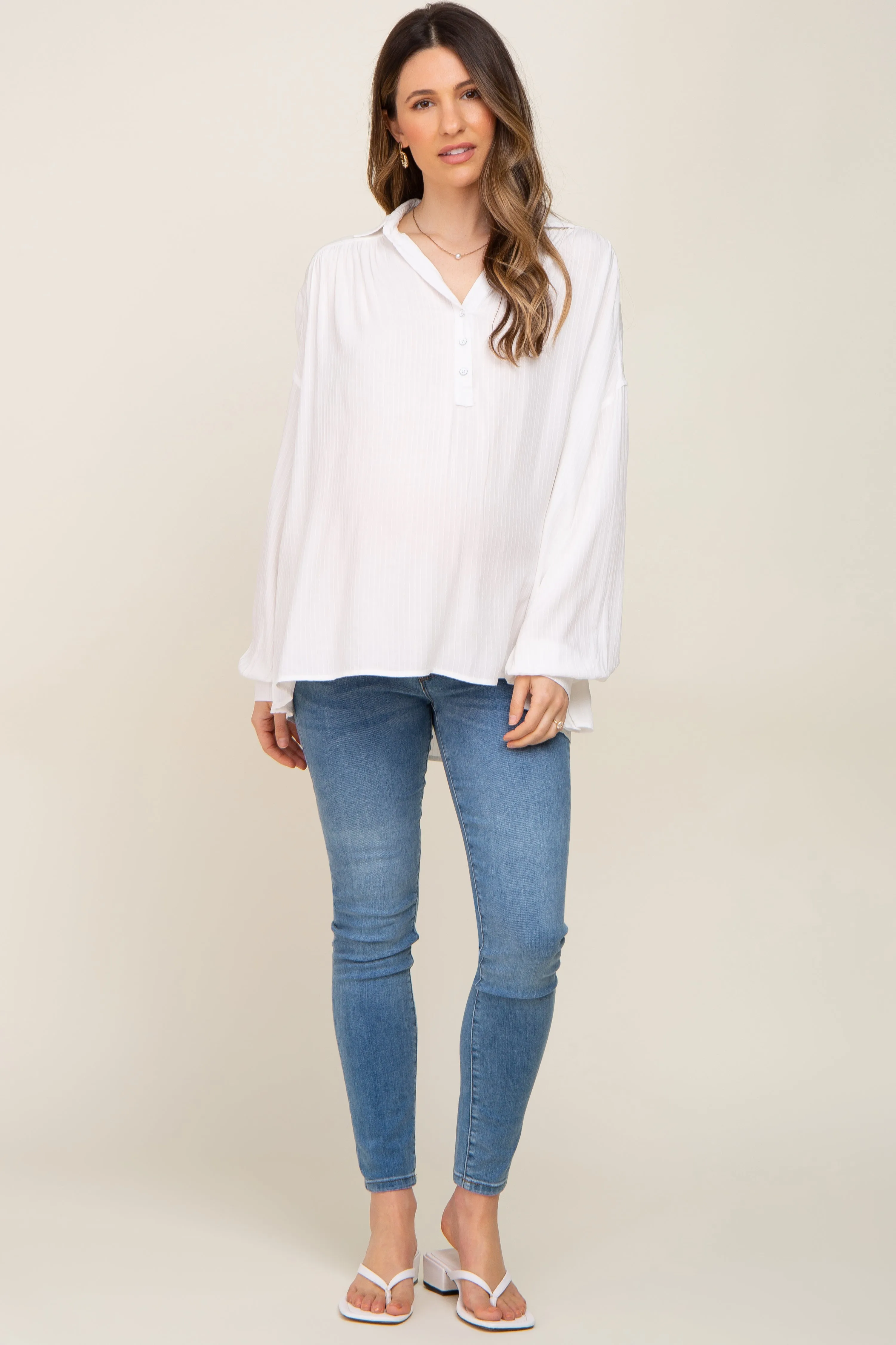 Ivory Lightweight Striped Textured Collared Maternity Top sold by Pinkblush product image thumbnail 4