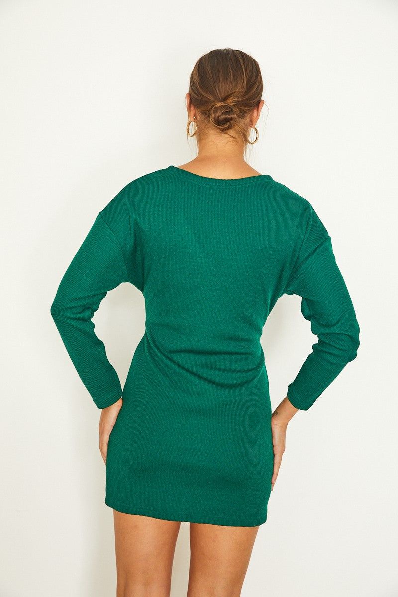 Forest Green Rib Knit Long Sleeved Faux Wrap Mini Dress sold by Pinkblush product image thumbnail 3