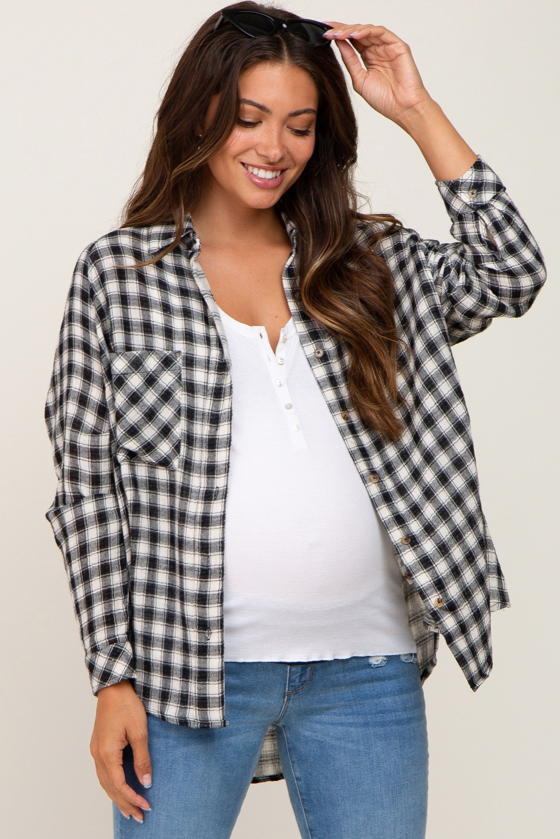 Black Plaid Flannel Maternity Top sold by Pinkblush