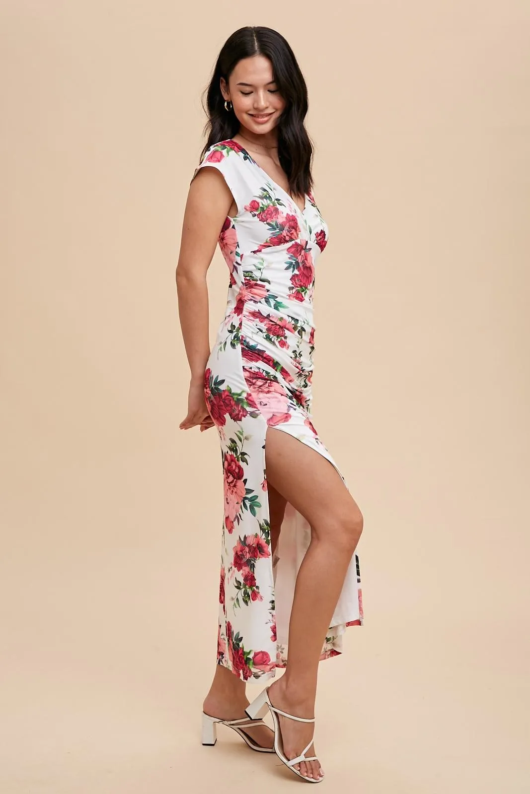Pink Floral Mesh Ruched Sides Maxi Dress sold by Pinkblush product image thumbnail 3