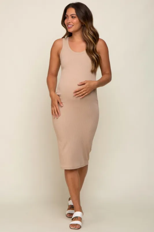 Beige Ribbed Fitted Maternity Midi Dress sold by Pinkblush