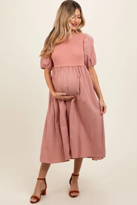 Peach Ribbed Bodice Puff Sleeve Maternity Midi Dress sold by Pinkblush